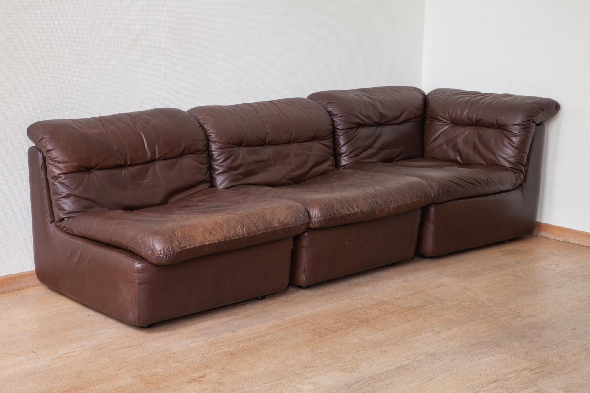German WK Möbel Modular Brown Leather Sofa by Ernst Martin Dettinger