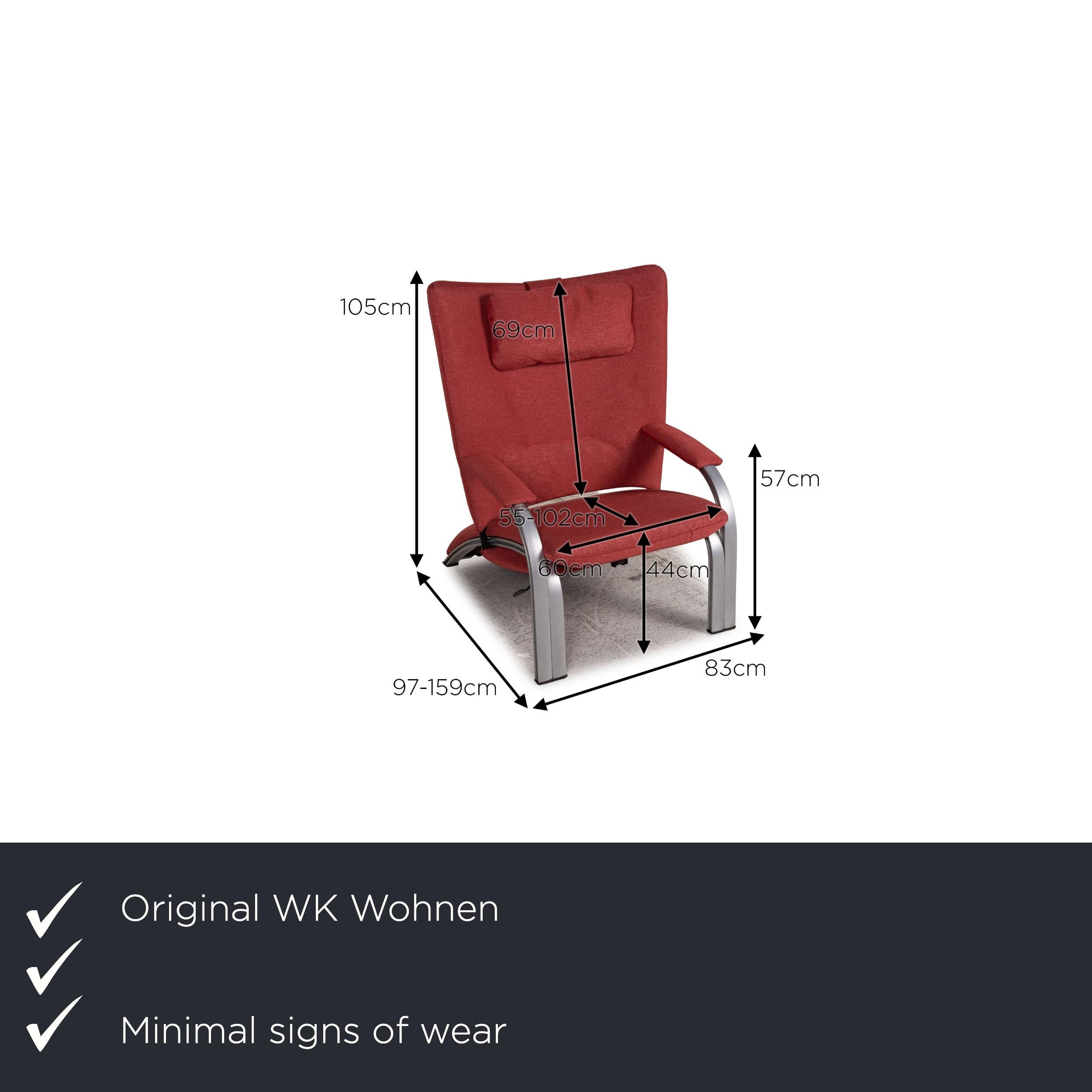 We present to you a WK Wohnen Spot 698 armchair fabric red function relaxation function.

Product measurements in centimeters:

depth: 97
width: 83
height: 105
seat height: 44
rest height: 57
seat depth: 55
seat width: 60
back height: