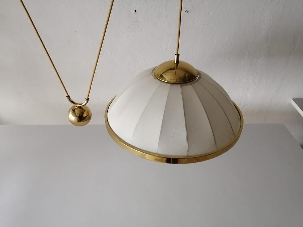 Fabric and Brass Counterweight Pendant Lamp by WKR, 1970s, Germany In Good Condition In Hagenbach, DE