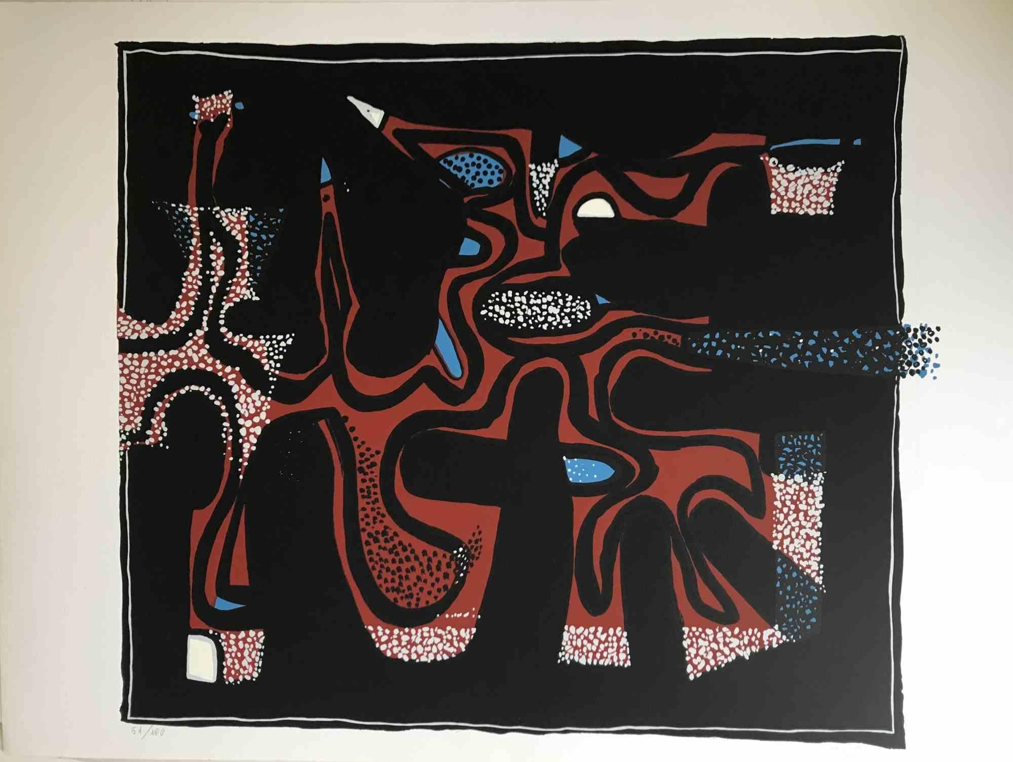 Abstract composition is a colored serigraph on paper, realized in the 1970s by the Italian artist  Wladimiro Tulli.
Hand-signed on the lower right. Numbered in pencil on the lower margin. Edition of 51/100 prints.
Good conditions.

A beautiful