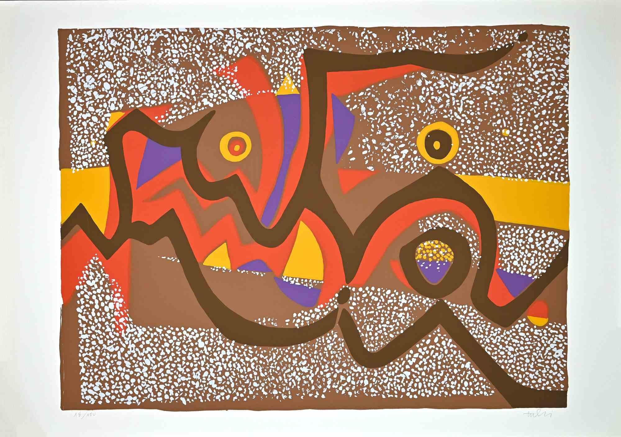 Composition brune est une sérigraphie colorée sur papier, réalisée dans les années 1970 par l'artiste italien  Wladimiro Tulli.
Signé à la main en bas à droite et numéroté au crayon dans la marge inférieure. Edition de 18/100 tirages. Bonnes