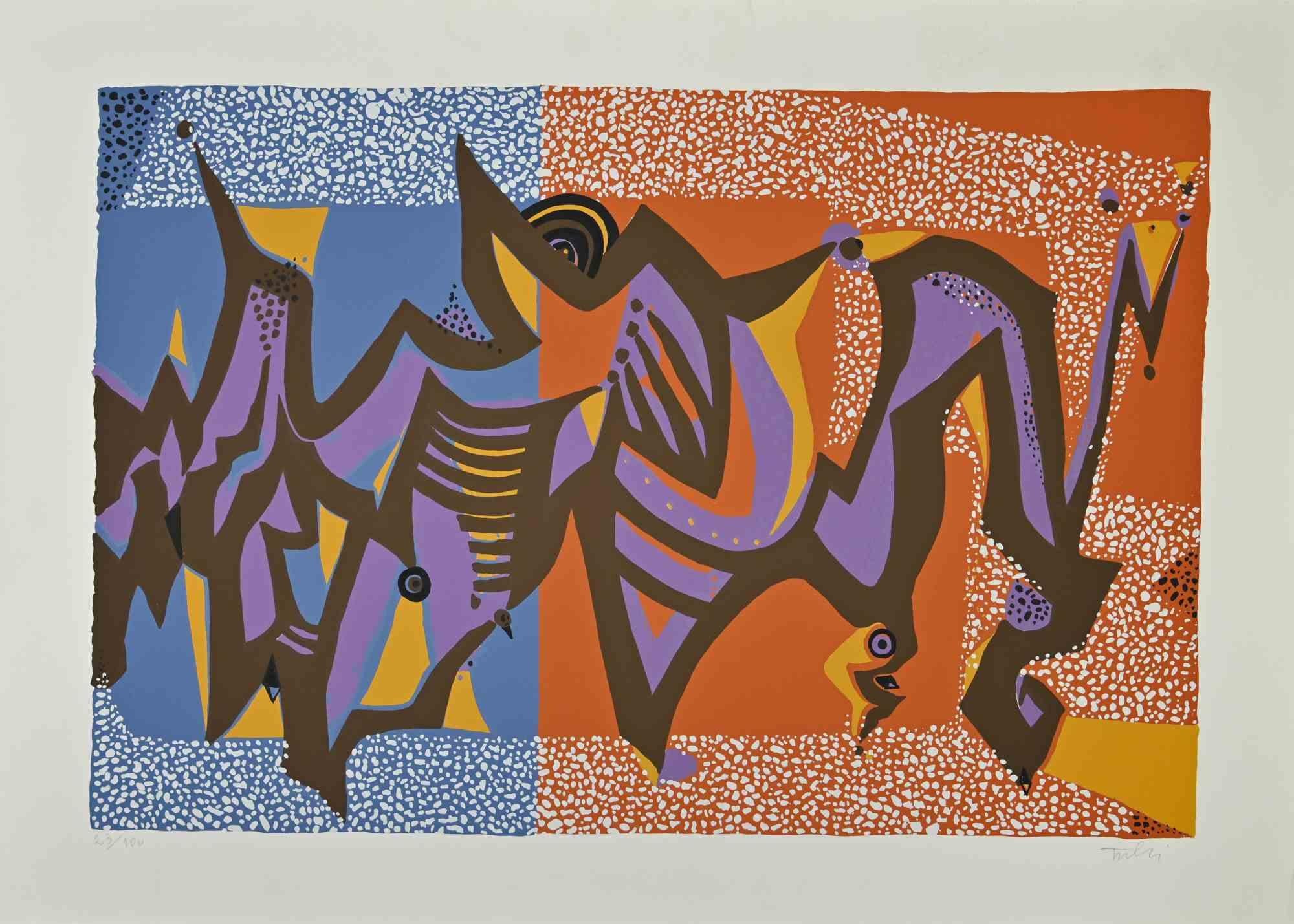 Composición carnavalesca es una serigrafía en color sobre papel, realizada en 1973 por el artista italiano Wladimiro Tulli.

Firmado a mano en la parte inferior derecha.

Edición numerada de 23/100.

Una bella obra de arte que representa una