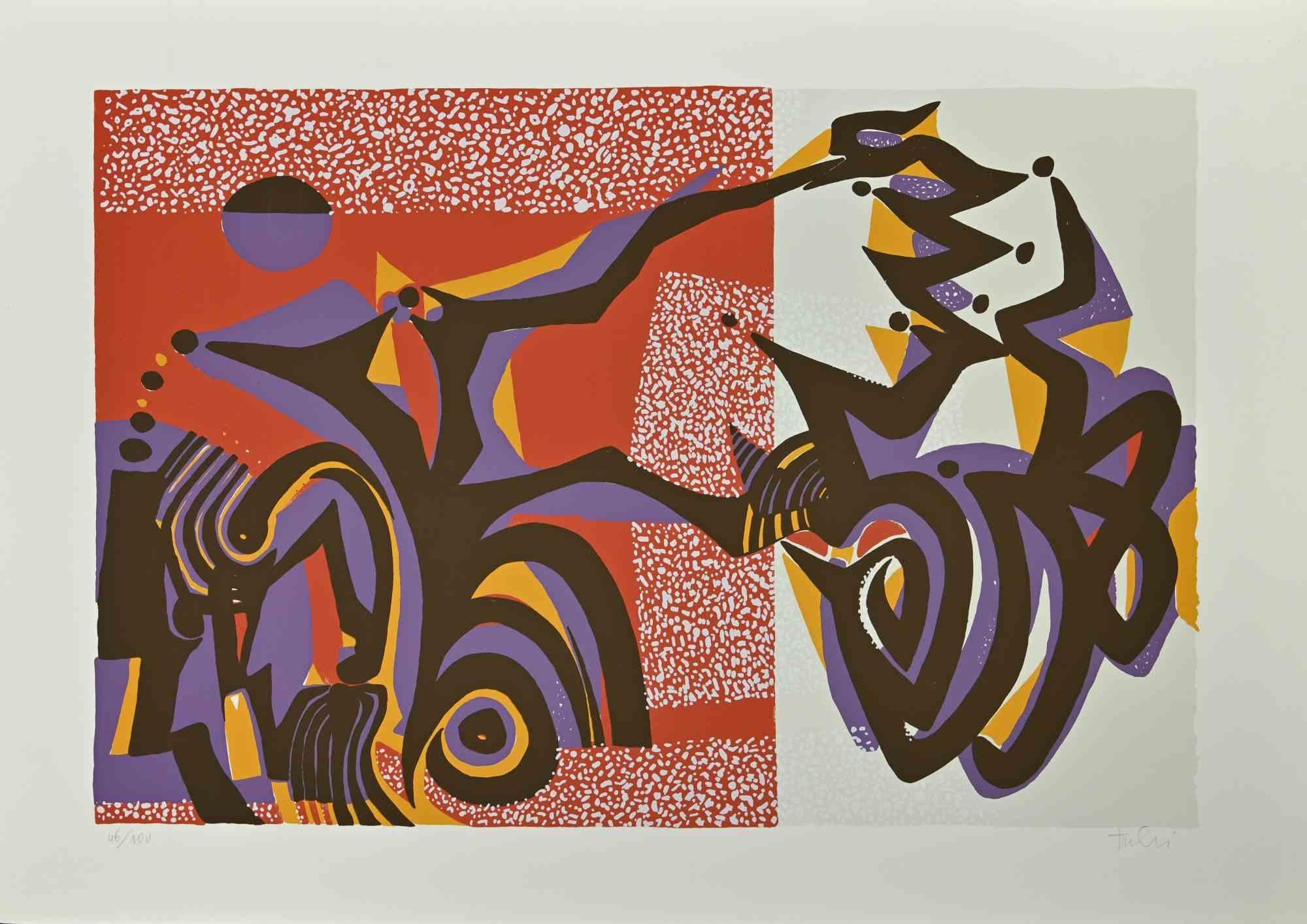 Composizione carnevalesca è una serigrafia colorata su carta, realizzata nel 1973 dall'artista italiano Wladimiro Tulli.

Firmato a mano in basso a destra.

Edizione numerata di 46/100.

Una bellissima opera d'arte che rappresenta una composizione