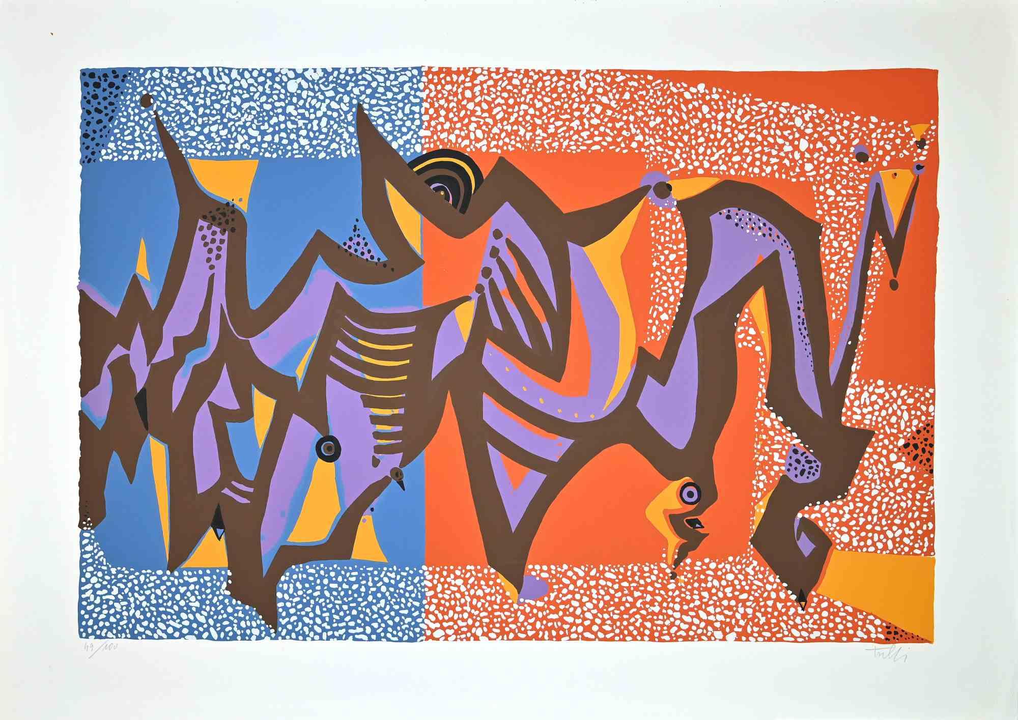 Composition carnavalesque est une sérigraphie colorée sur papier, réalisée dans les années 1970 par l'artiste italien Wladimiro Tulli.
Signé à la main en bas à droite et numéroté au crayon dans la marge inférieure. Edition de 43/100 tirages.

Une