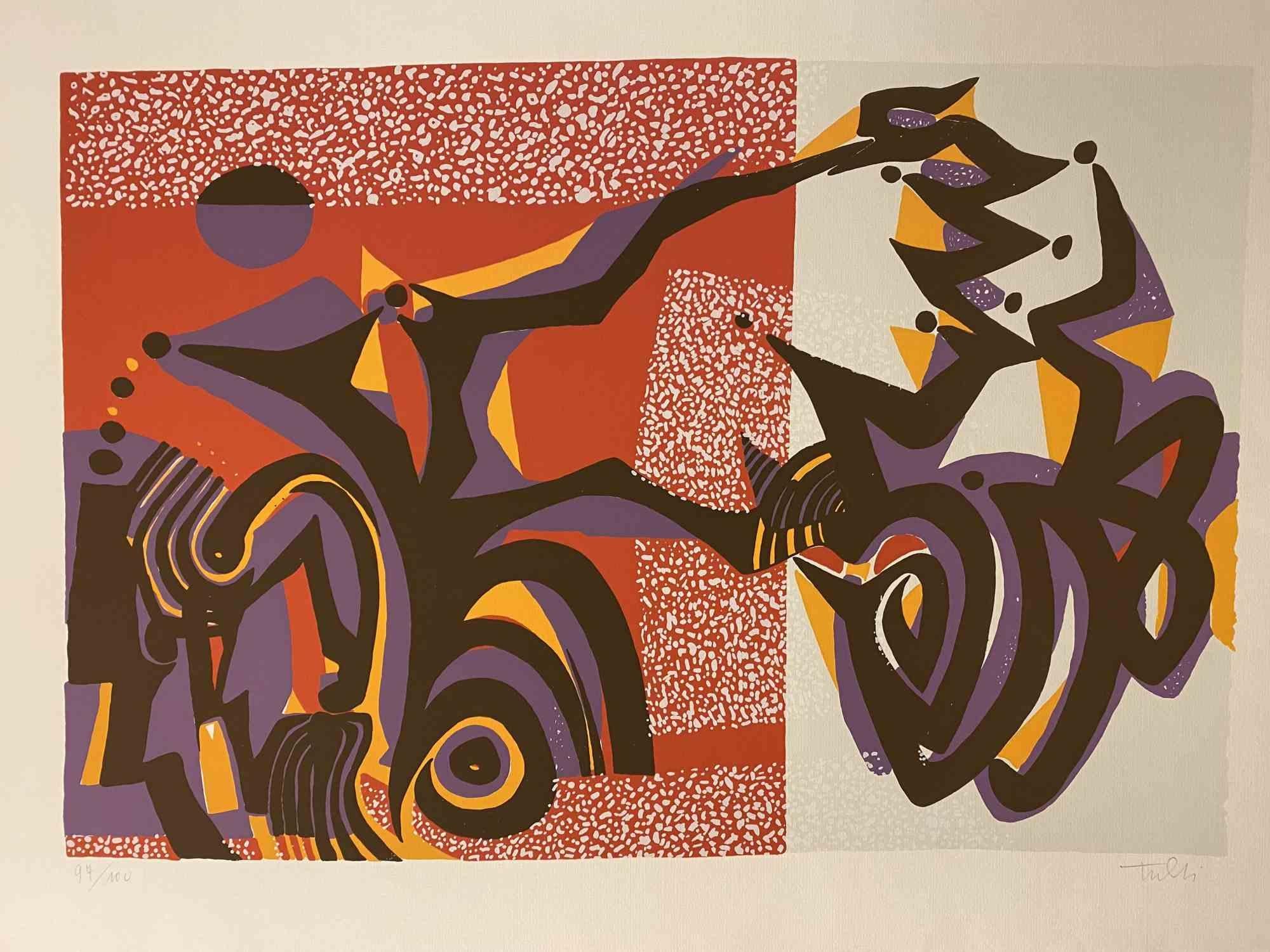 Carnivalesque Composition ist ein farbiger Siebdruck auf Papier, der in den 1970er Jahren von dem italienischen Künstler Wladimiro Tulli realisiert wurde.

Rechts unten handsigniert.

Nummerierte Auflage von 97/100.

Ein schönes Kunstwerk, das eine
