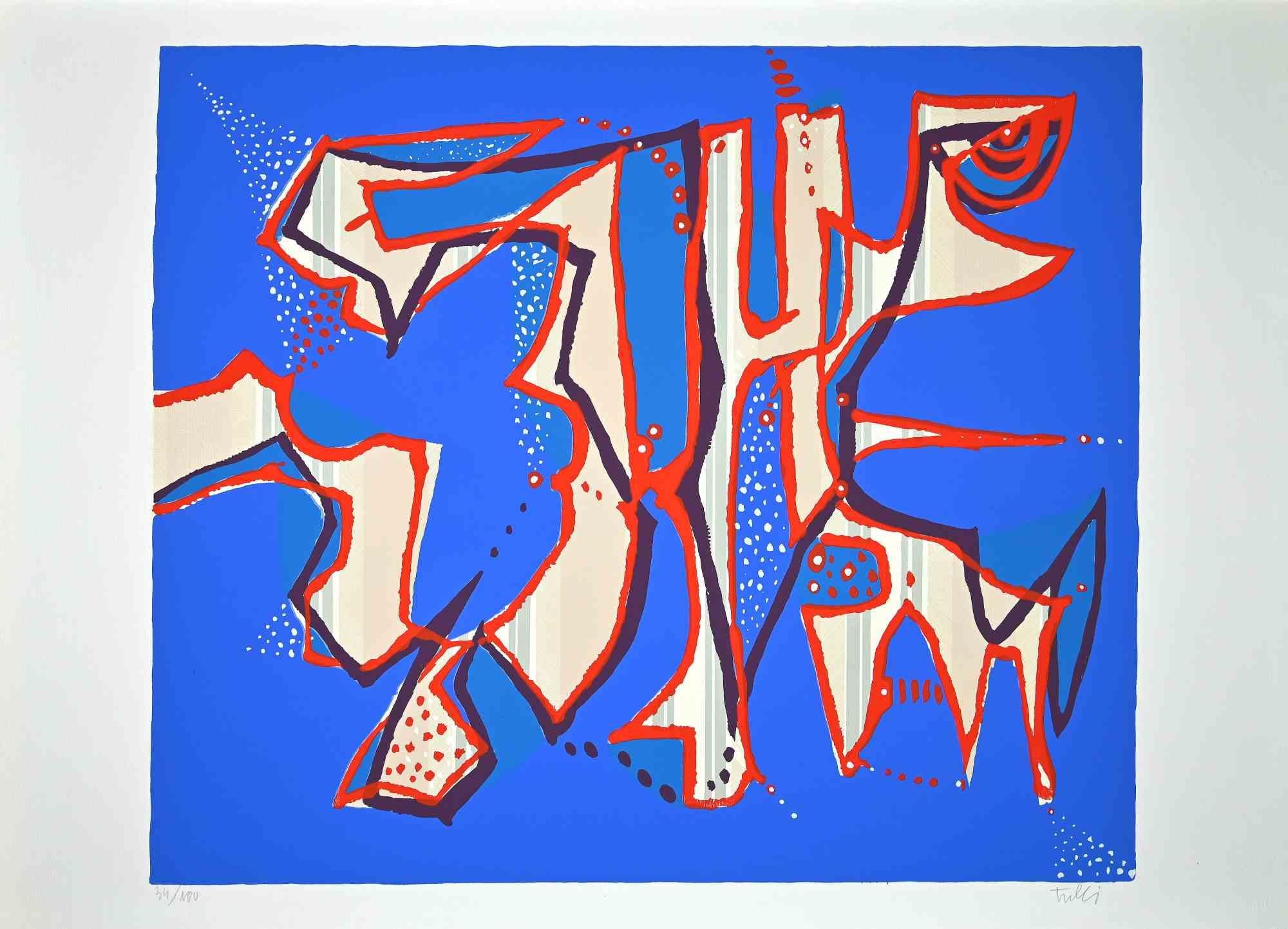 Composition in Blue est une sérigraphie colorée sur papier, réalisée dans les années 1970 par l'artiste italien  Wladimiro Tulli.
Signé à la main en bas à droite et numéroté au crayon dans la marge inférieure. Edition de 34/100 tirages.

Très bonnes