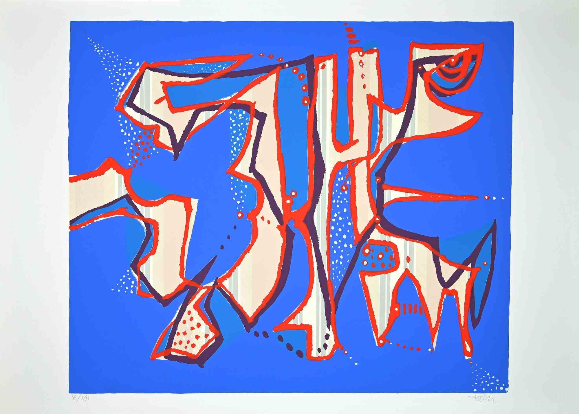 Composition en bleu - Impression sérigraphiée originale de Wladimiro Tulli - 1970
