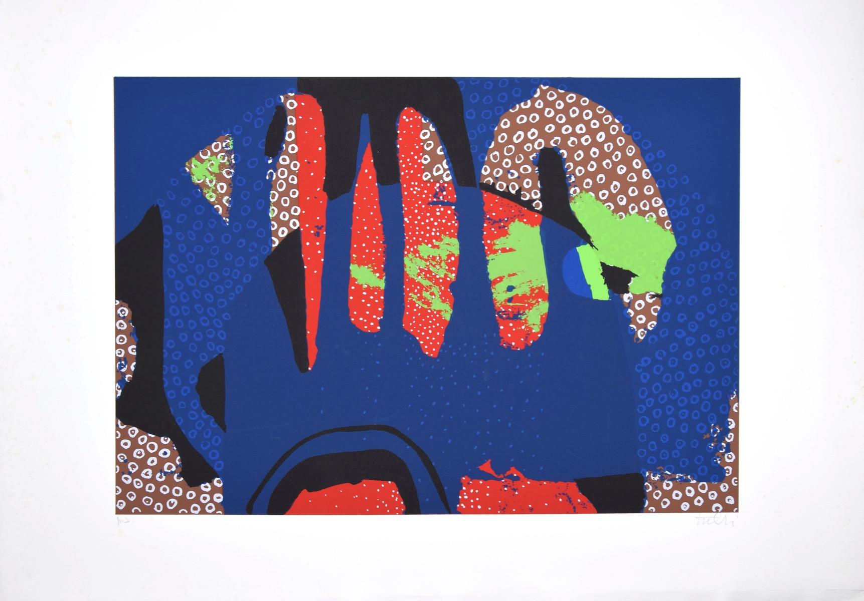 Dimensions de l'image : 35x50 cm.  La composition bleue est une sérigraphie colorée sur papier filigrané Fabriano, réalisée en 1975 par l'artiste italien Wladimiro Tulli, publiée par La Nuova Foglio, une maison d'édition de Macerata.  
Signé et