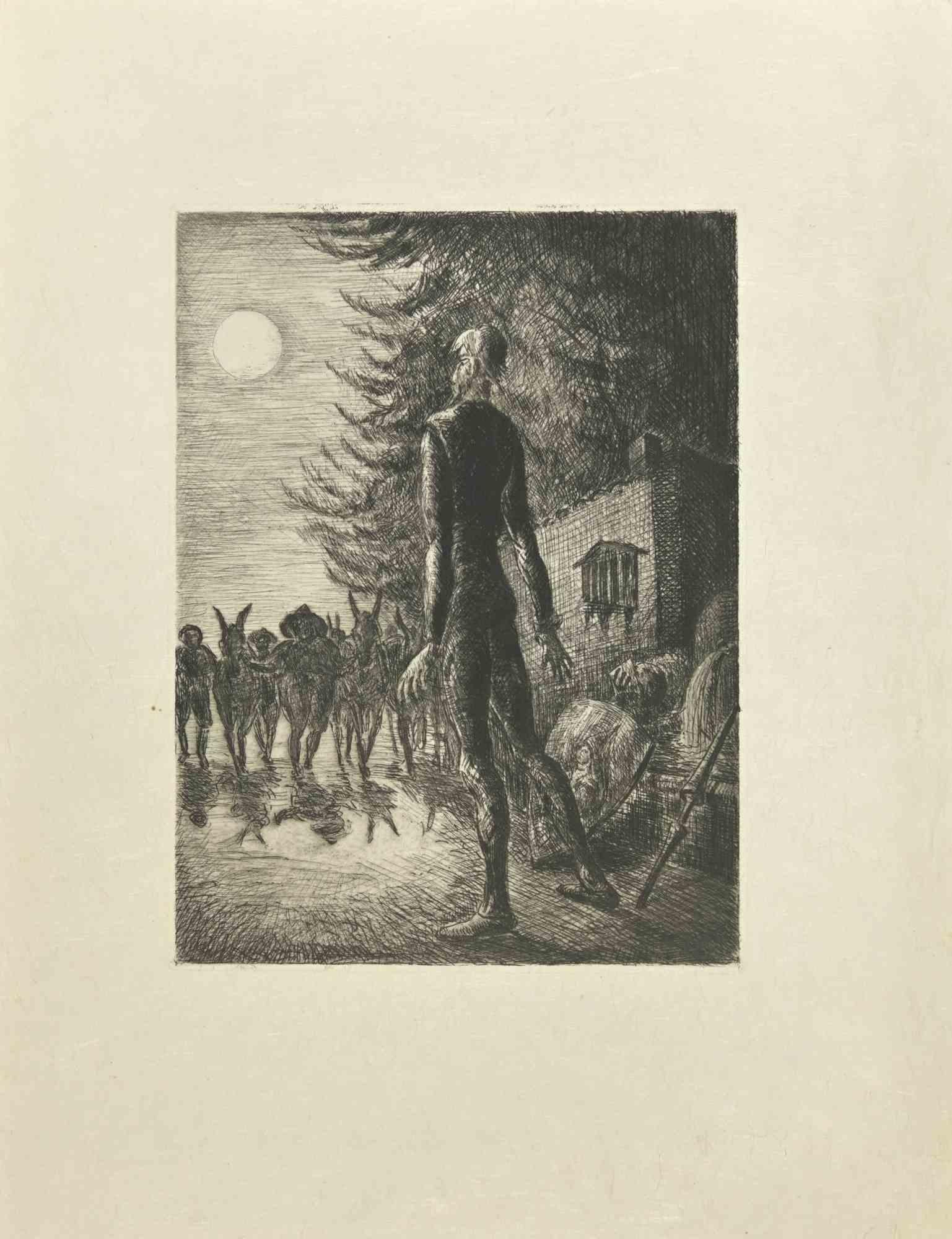 Don Quixote and full-moon is an etching and drypoint print on ivory-colored Japanese paper, realized by Wladyslaw Jahl in 1951.

It belongs to a limited edition of 125 specimens.

Good conditions.

The artwork represents a visual scene from Don