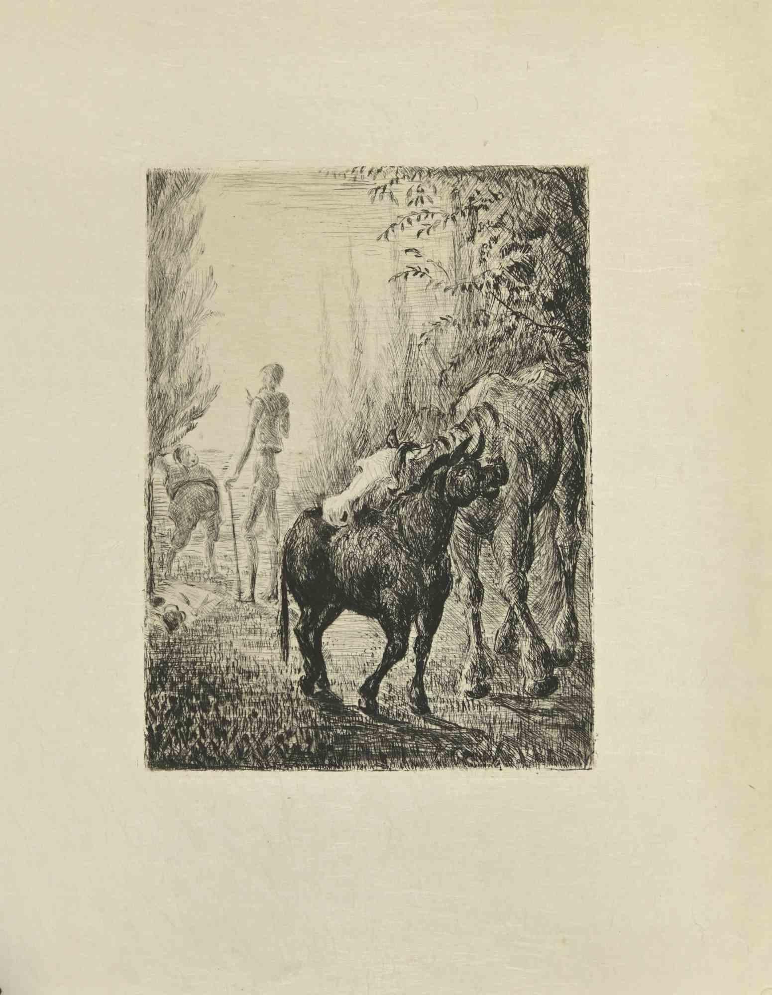 Don Quixote and Sancho is an etching and drypoint print on ivory-colored Japanese paper, realized by Wladyslaw Jahl in 1951.

It belongs to a limited edition of 125 specimens.

Good conditions.

The artwork represents a visual scene from Don Quixote