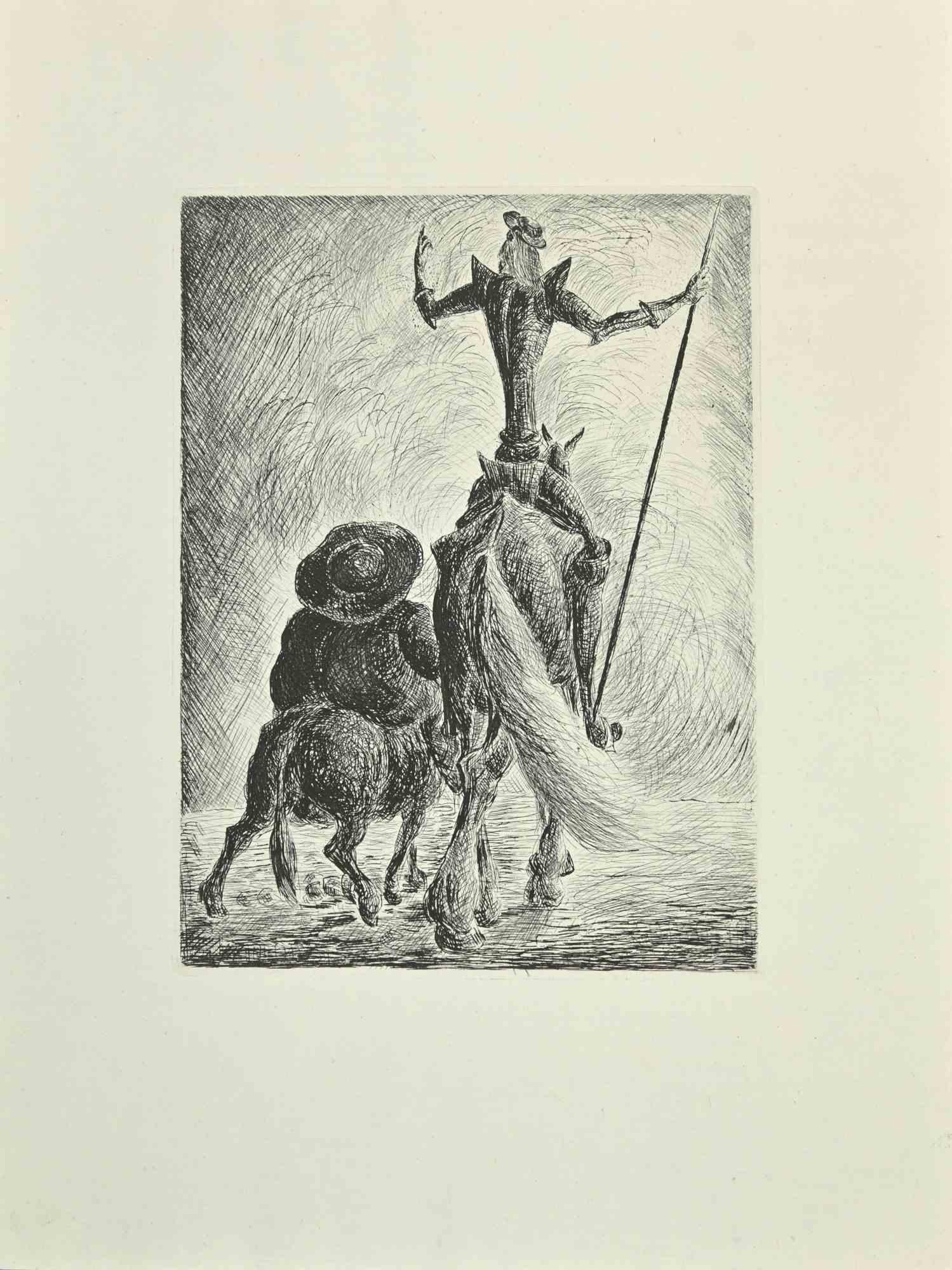 Don Quixote and Sancho Panza is an etching and drypoint print on ivory-colored China paper, realized by Wladyslaw Jahl in 1951.

It belongs to a limited edition of 125 specimens.

Good conditions.

The artwork represents a visual scene from Don
