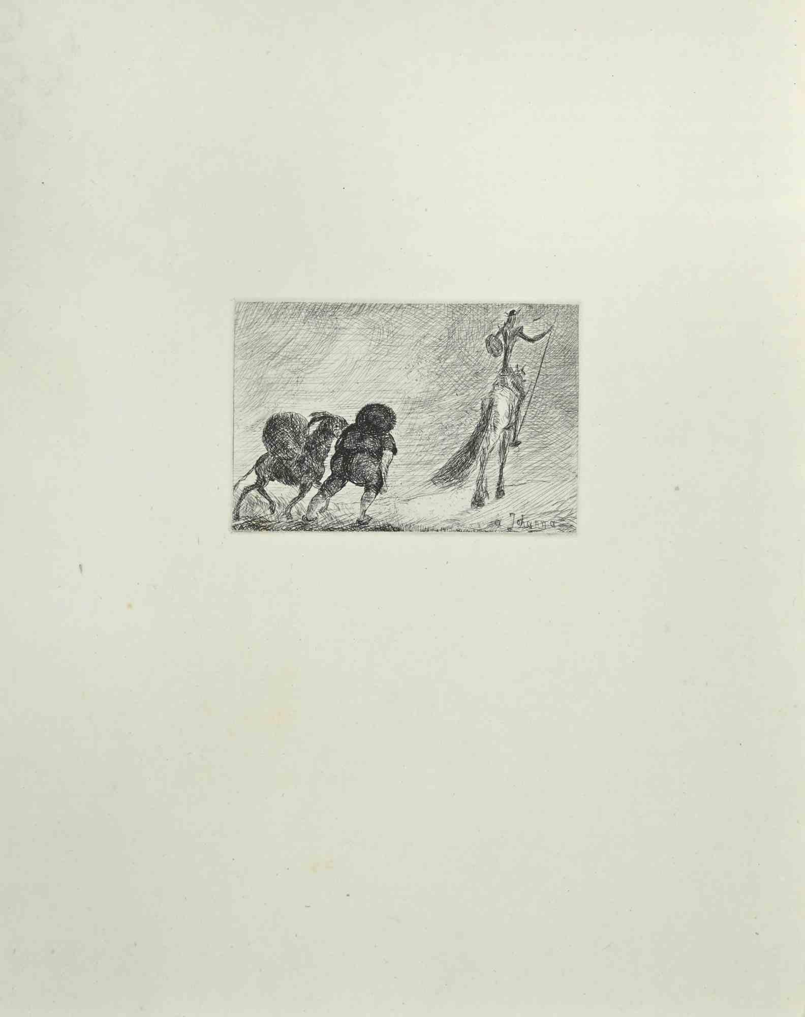 Don Quixote  and Sancho Panza is an etching and drypoint print on ivory-colored China paper, realized by Wladyslaw Jahl in 1951.

It belongs to a limited edition of 125 specimens.

Good conditions.

The artwork represents a visual scene from Don