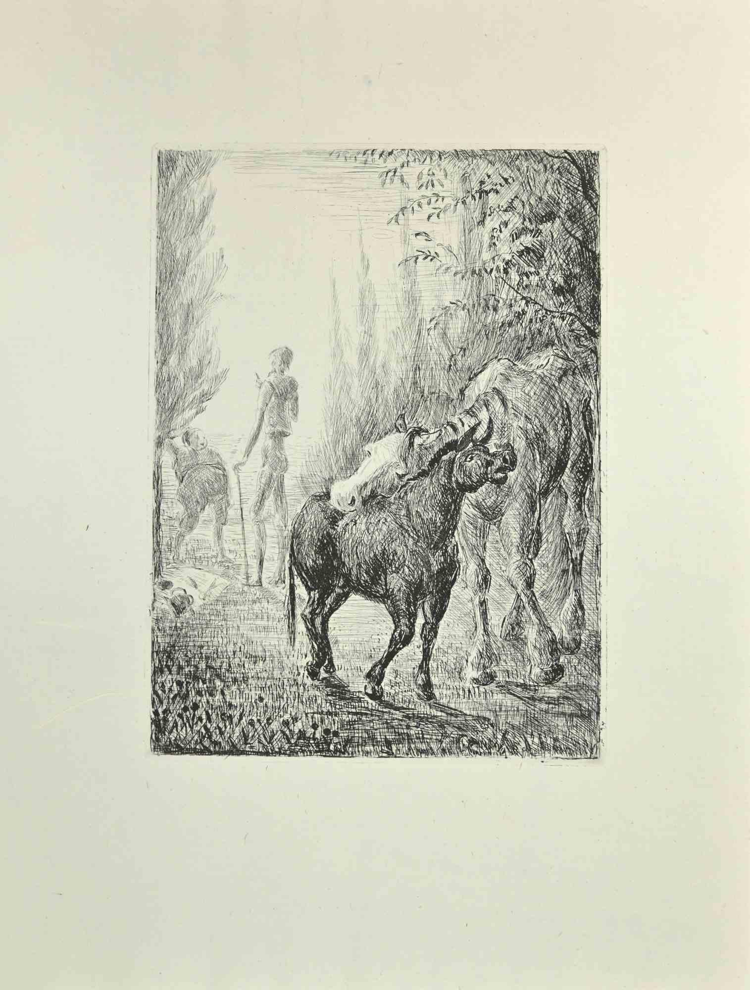 Don Quixote and the Animals is an etching and drypoint print on ivory-colored China paper, realized by Wladyslaw Jahl in 1951.

It belongs to a limited edition of 125 specimens.

Good conditions.

The artwork represents a visual scene from Don