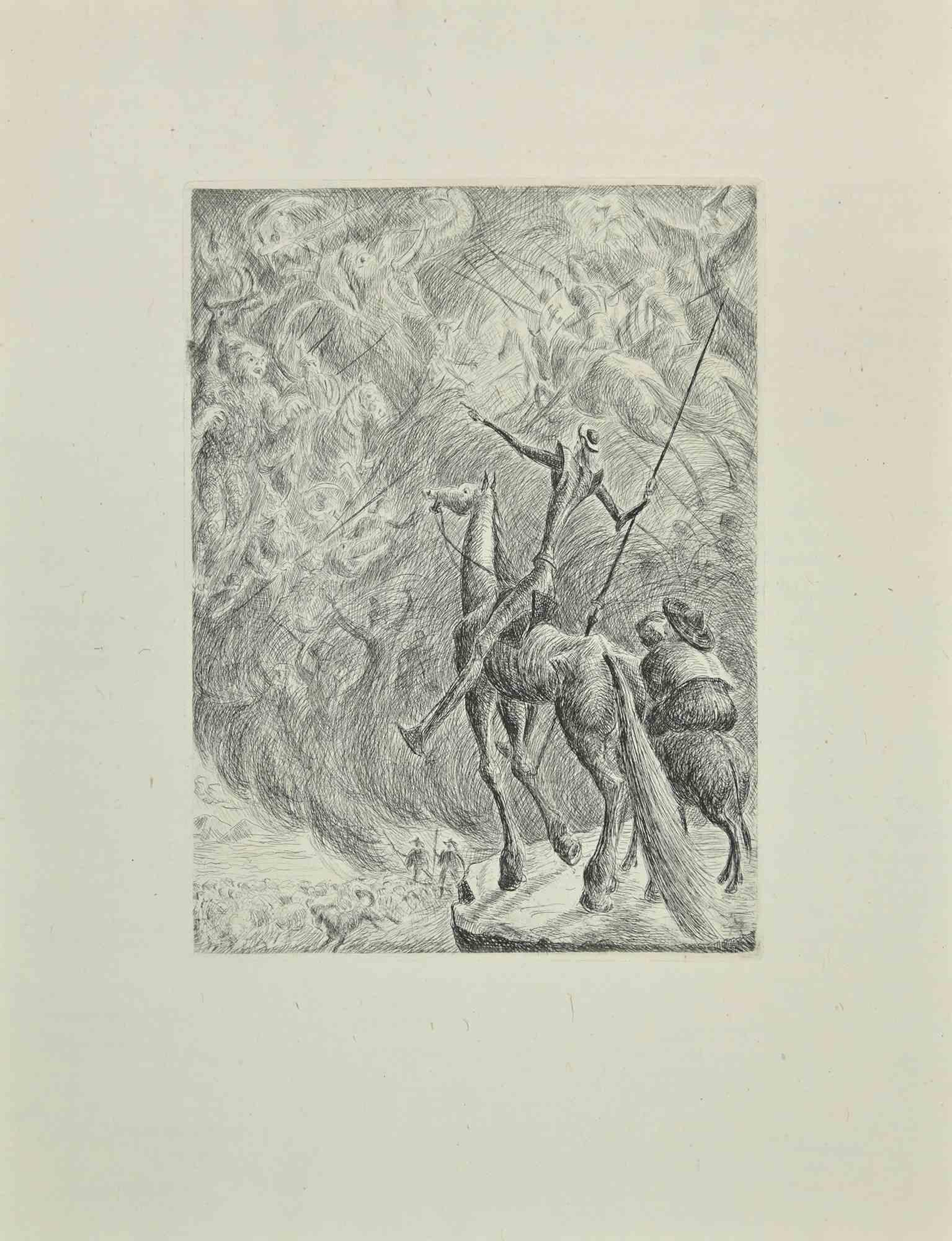 Don Quixote  and the Ghosts is an etching and drypoint print on ivory-colored China paper, realized by Wladyslaw Jahl in 1951.

It belongs to a limited edition of 125 specimens.

Good conditions.

The artwork represents a visual scene from Don