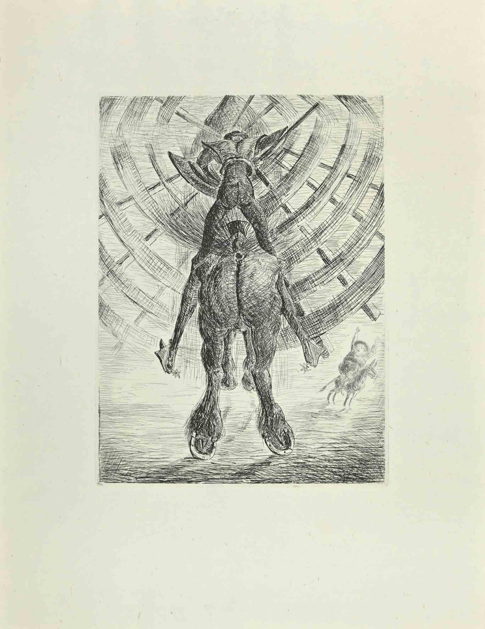 Don Quixote and the Windmill - Etching and Drypoint by Wladyslaw Jahl - 1951