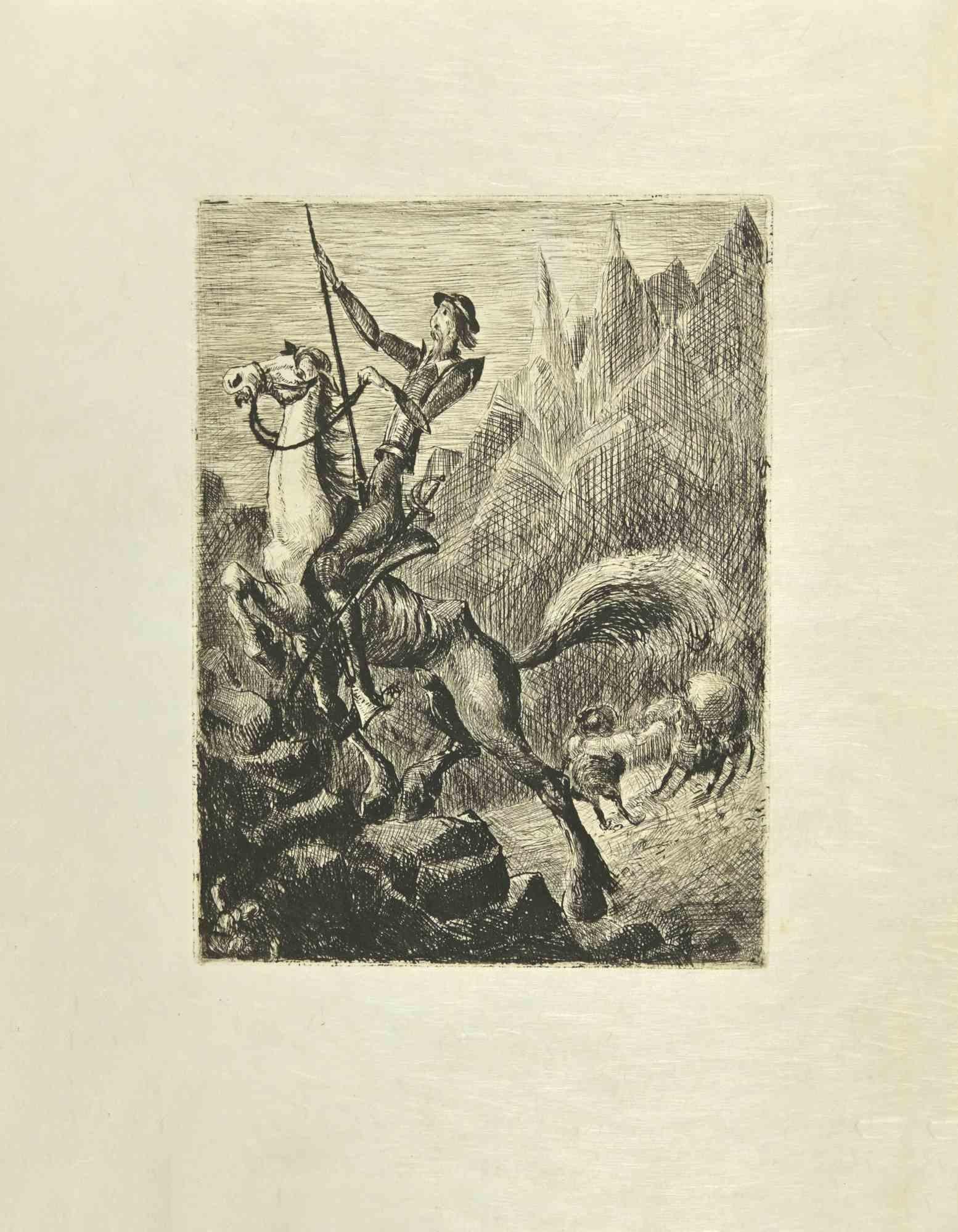 Don Quixote is an etching and drypoint print on ivory-colored Japanese paper, realized by Wladyslaw Jahl in 1951.

It belongs to a limited edition of 125 specimens.

Good conditions.

The artwork represents a visual scene from Don Quixote Book that