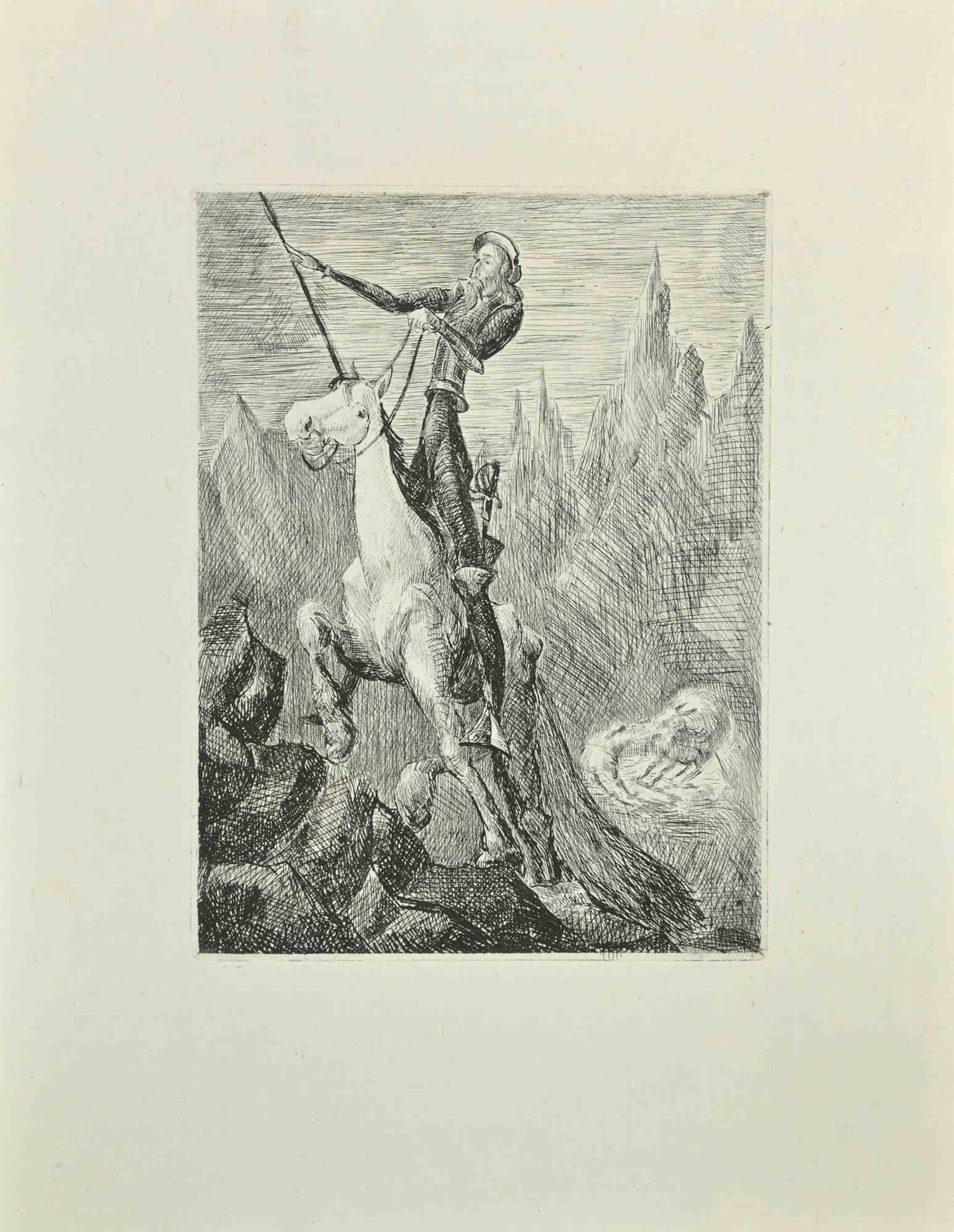 Don Quixote is an etching and drypoint print on ivory-colored China paper, realized by Wladyslaw Jahl in 1951.

The artwork belongs to a limited edition of 125 specimens.

Good conditions.

The artwork represents a visual scene from Don Quixote Book