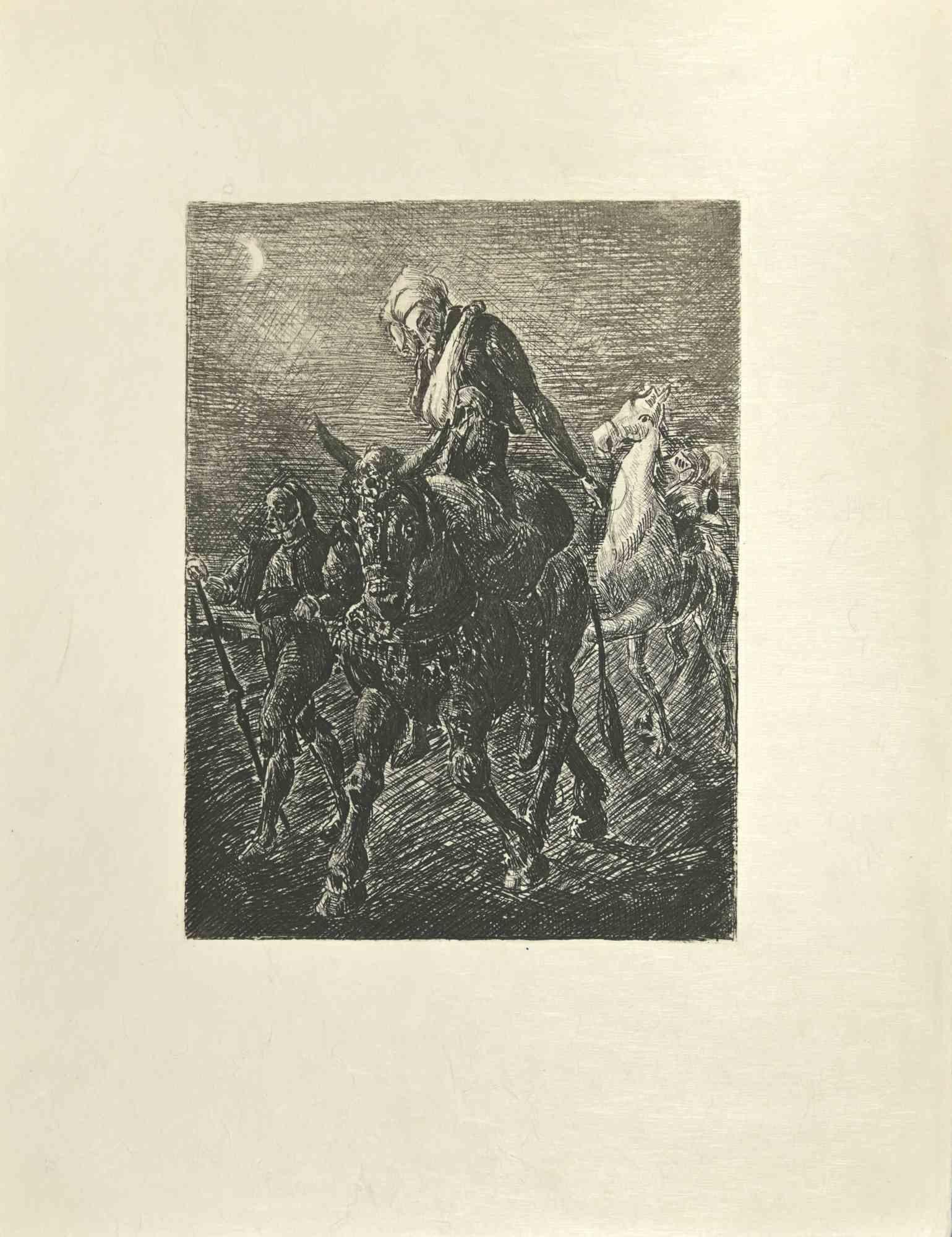 Don Quixote is an etching and drypoint print on ivory-colored Japanese paper, realized by Wladyslaw Jahl in 1951.

It belongs to a limited edition of 125 specimens.

Good conditions.

The artwork represents a visual scene from Don Quixote Book that