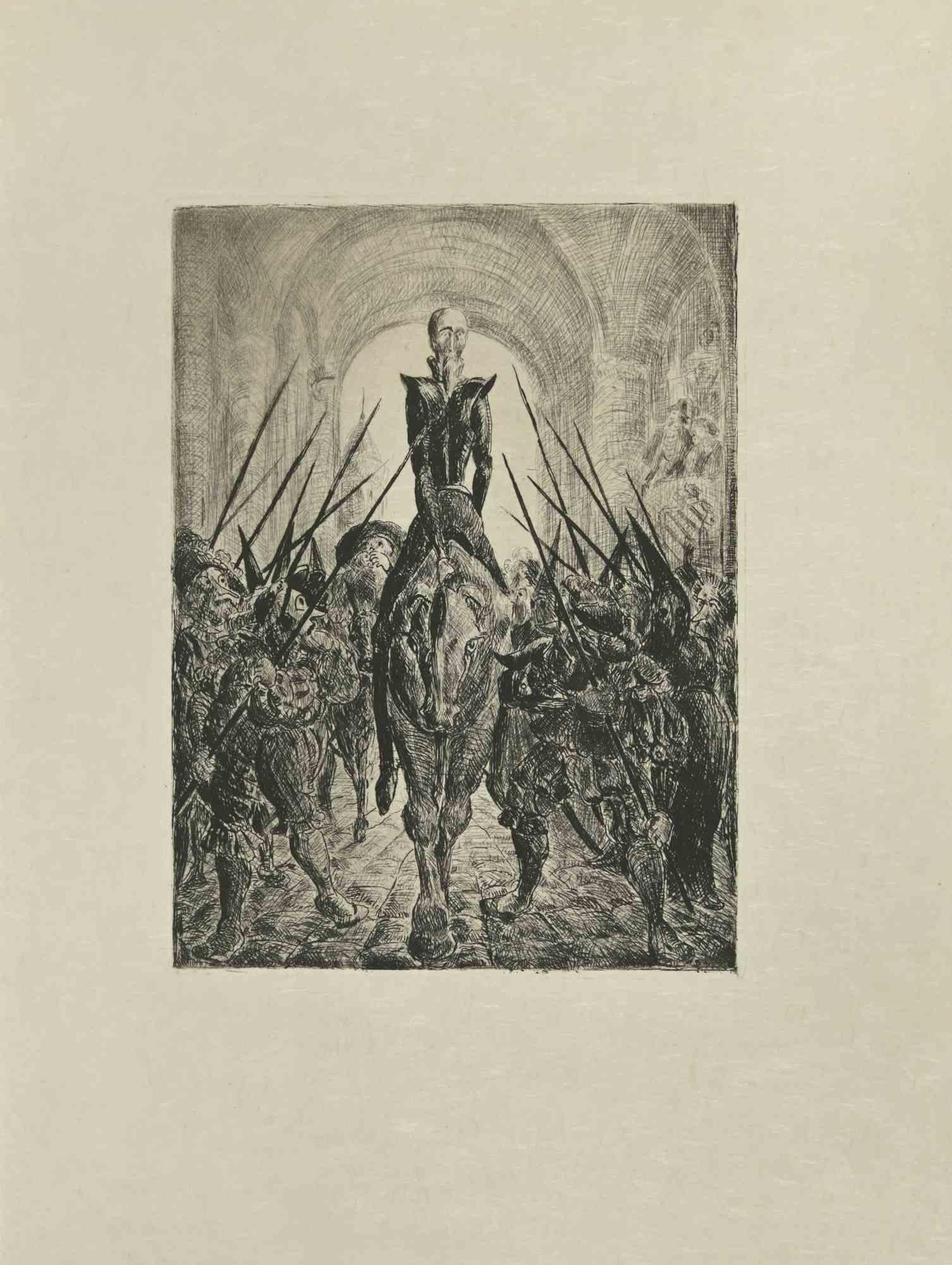 Don Quijote es un grabado al aguafuerte y a punta seca sobre papel japonés de color marfil, realizado por Wladyslaw Jahl en 1951.

Pertenece a una edición limitada de 125 ejemplares.

Buenas condiciones.

La obra representa una escena visual del