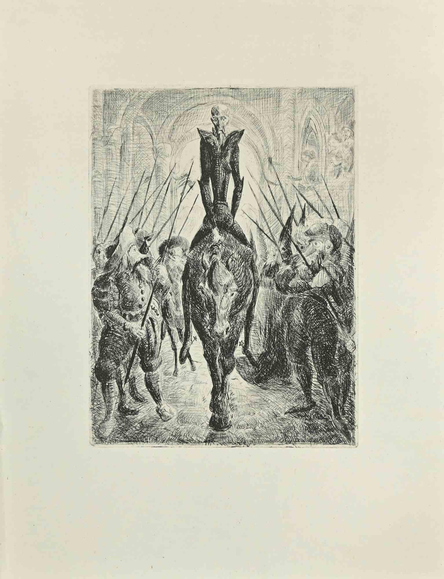 Don Quixote is an etching and drypoint print on ivory-colored Chinese paper, realized by Wladyslaw Jahl in 1951.

It belongs to a limited edition of 125 specimens.

Good conditions.

The artwork represents a visual scene from Don Quixote Book that
