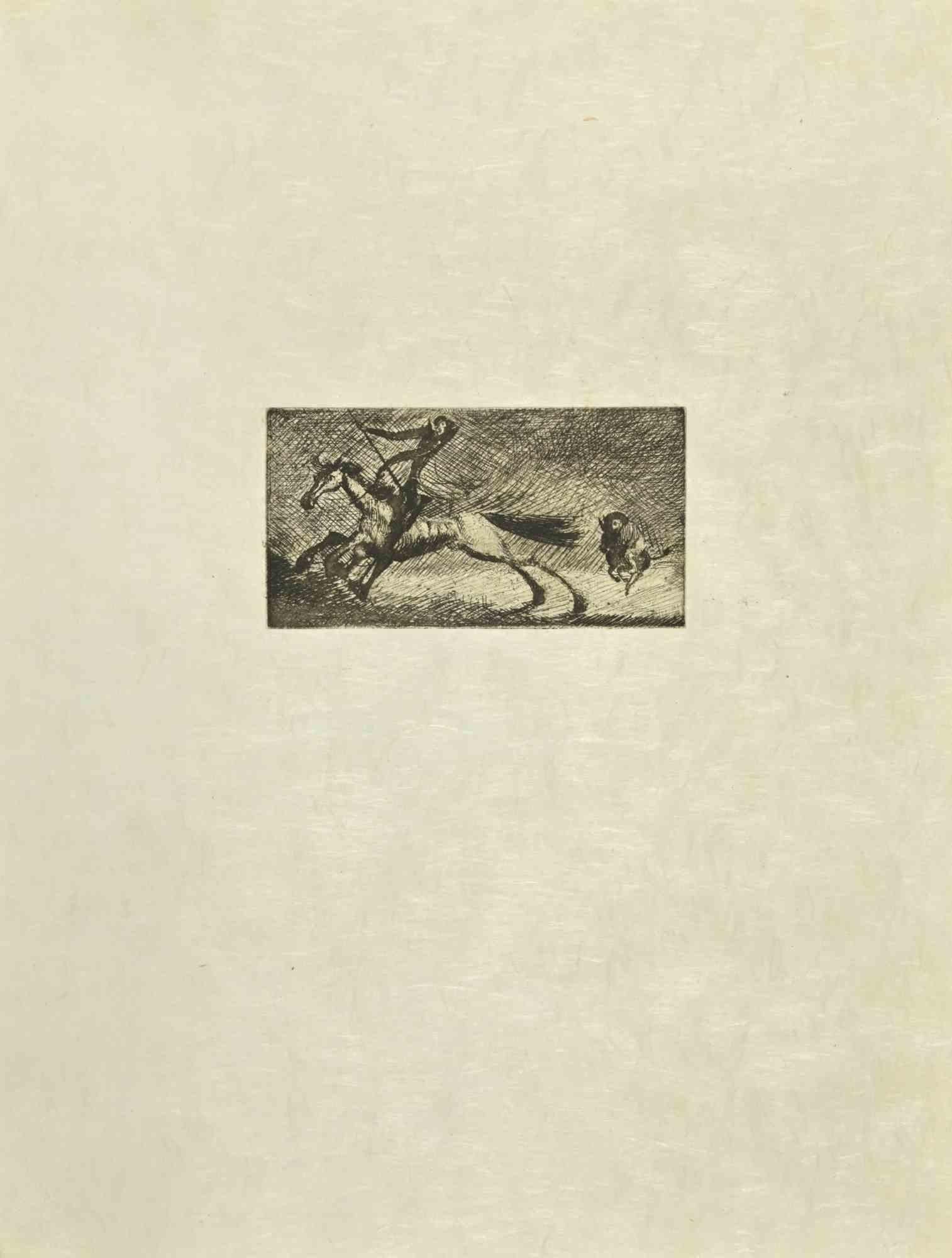 Don Quijote im Galopp ist eine Radierung und Kaltnadelradierung auf elfenbeinfarbenem Japanpapier von Wladyslaw Jahl aus dem Jahr 1951.

Es gehört zu einer limitierten Auflage von 125 Exemplaren.

Gute Bedingungen.

Das Kunstwerk stellt eine