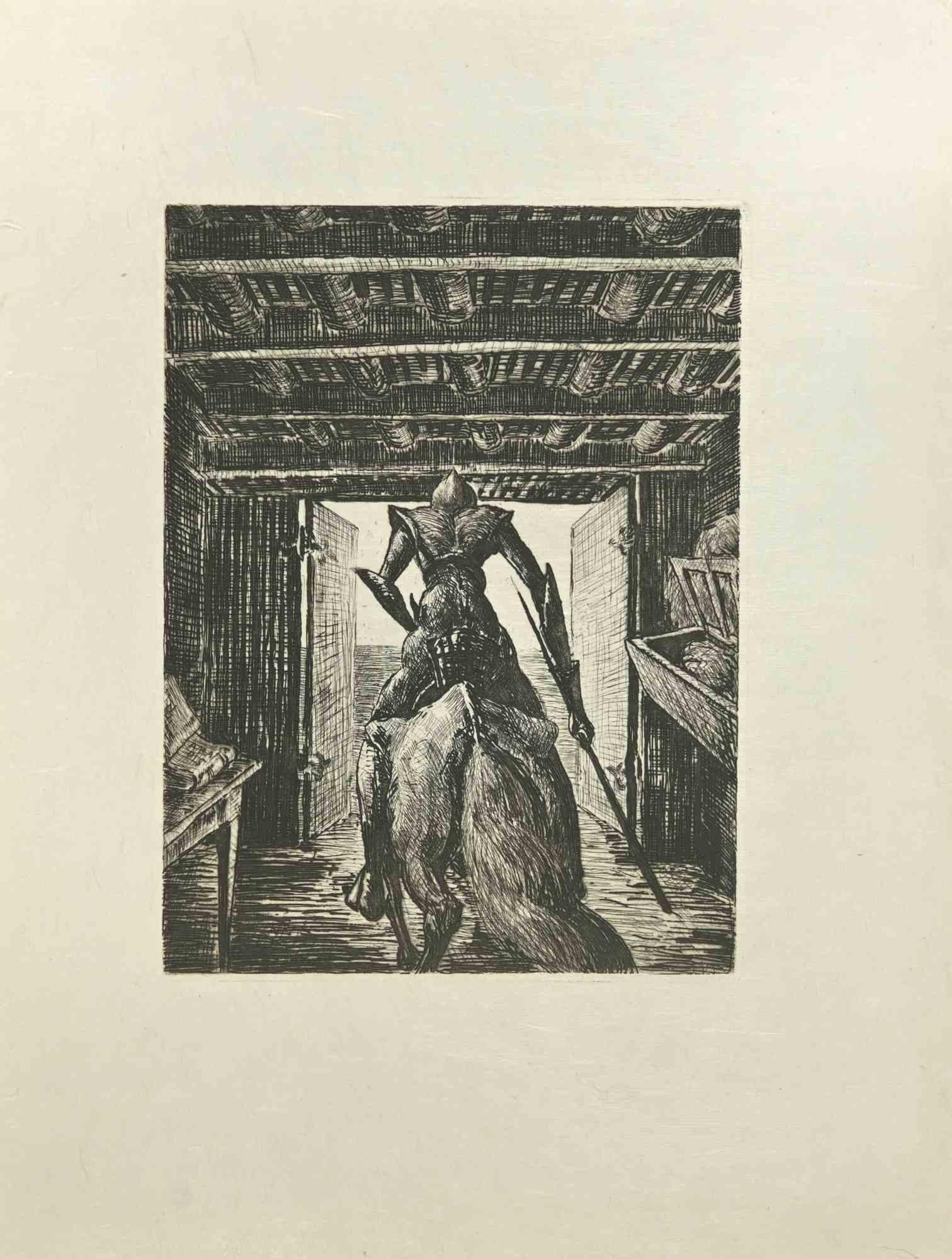 Don Quixote Galloping is an etching and drypoint print on ivory-colored Japanese paper, realized by Wladyslaw Jahl in 1951.

It belongs to a limited edition of 125 specimens.

Good conditions.

The artwork represents a visual scene from Don Quixote