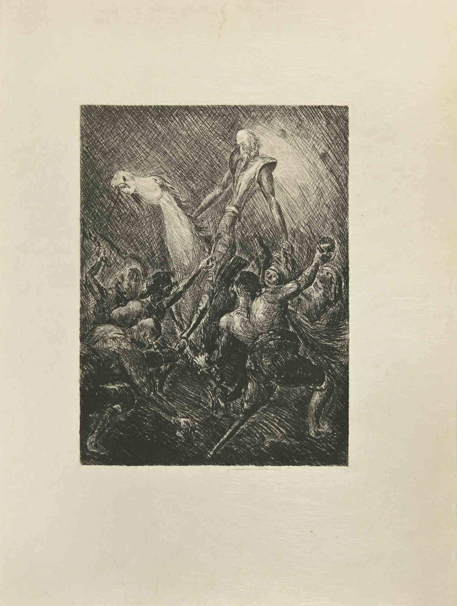 Don Quixote Galloping is an etching and drypoint print on ivory-colored Japanese paper, realized by Wladyslaw Jahl in 1951.

It belongs to a limited edition of 125 specimens.

Good conditions.

The artwork represents a visual scene from Don Quixote