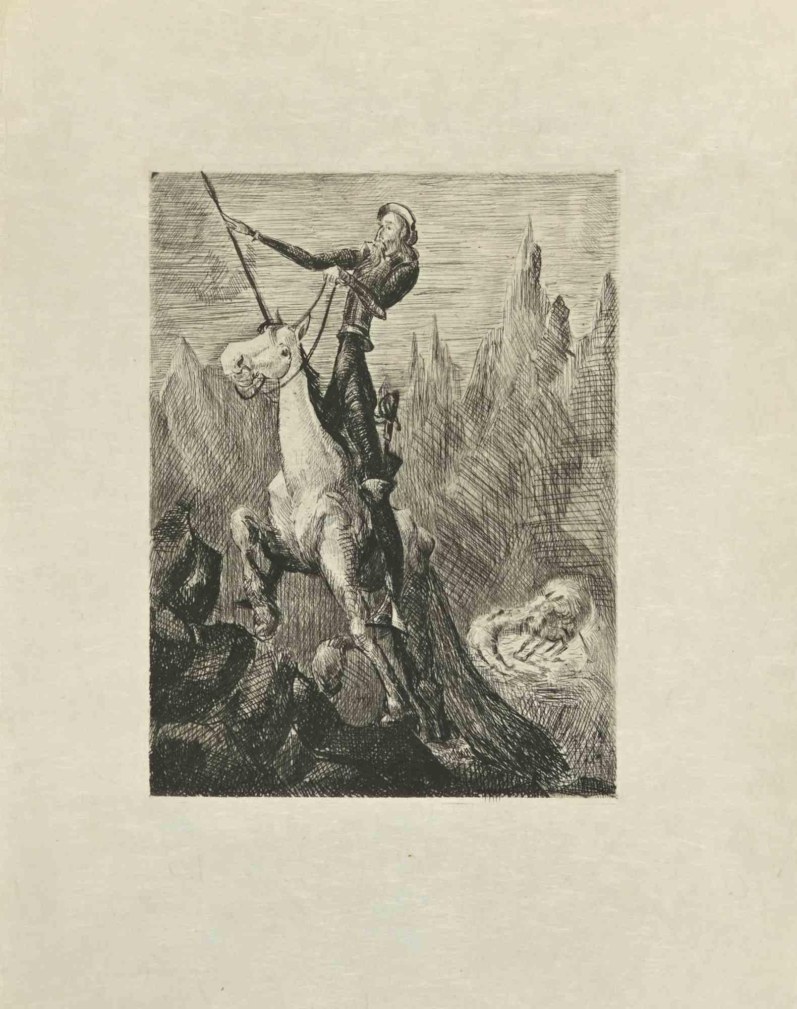 Don Chisciotte al galoppo è un'acquaforte e puntasecca su carta giapponese color avorio, realizzata da Wladyslaw Jahl nel 1951.

Appartiene a un'edizione limitata di 125 esemplari.

Buone condizioni.

L'opera rappresenta una scena visiva del Don