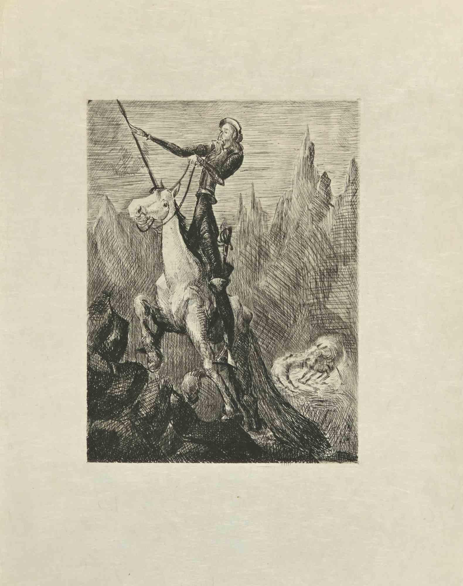 Don Quixote Galloping is an etching and drypoint print on ivory-colored Japanese paper, realized by Wladyslaw Jahl in 1951.

It belongs to a limited edition of 125 specimens.

Good conditions.

The artwork represents a visual scene from Don Quixote