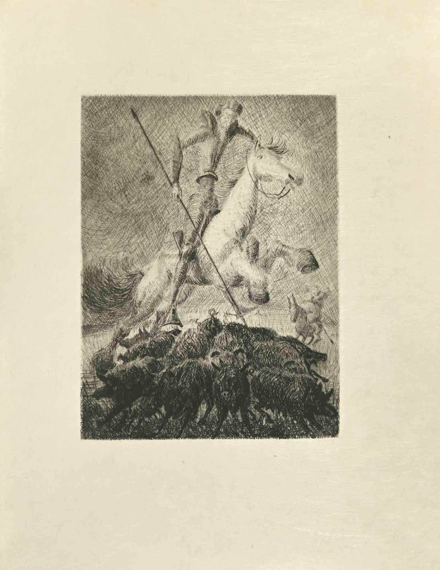 Don Quijote galopando es un grabado al aguafuerte y a punta seca sobre papel japonés de color marfil, realizado por Wladyslaw Jahl en 1951.

Pertenece a una edición limitada de 125 ejemplares.

Buenas condiciones.

La obra representa una escena