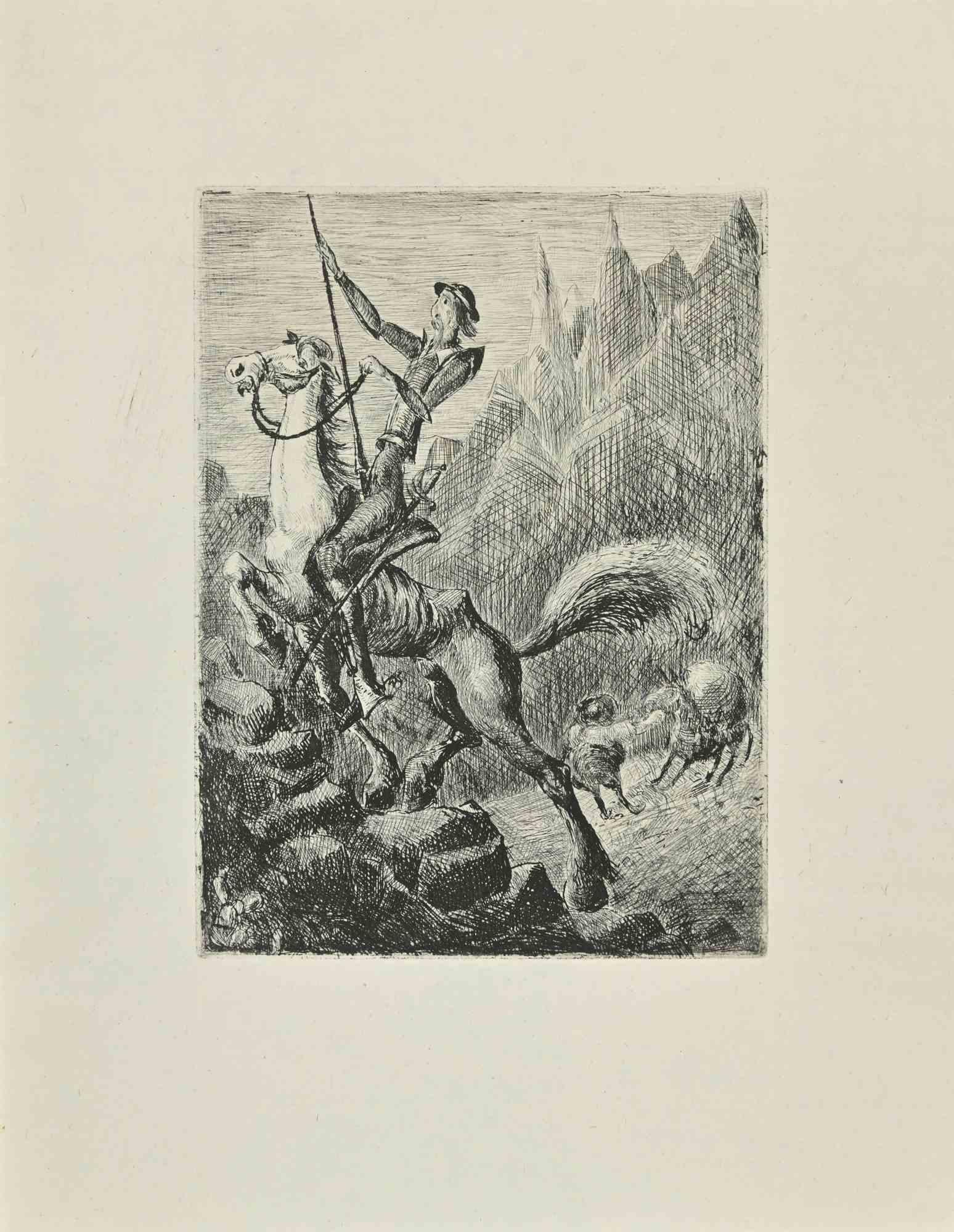 Don Quixote Galloping is an etching and drypoint print on ivory-colored China paper, realized by Wladyslaw Jahl in 1951.

It belongs to a limited edition of 125 specimens.

Good conditions with slight folding of paper.

The artwork represents a