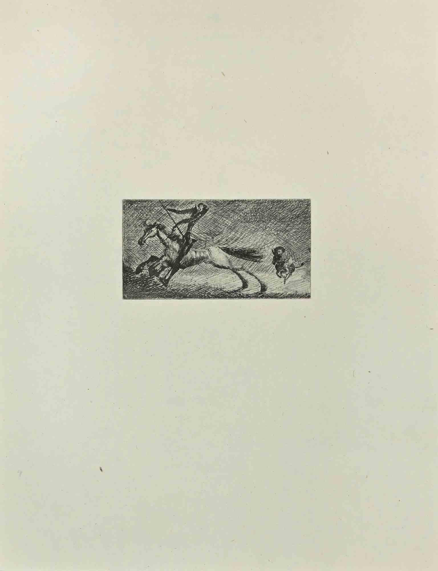 Don Quixote  Galloping is an etching and drypoint print on ivory-colored China paper, realized by Wladyslaw Jahl in 1951.

It belongs to a limited edition of 125 specimens.

Good conditions.

The artwork represents a visual scene from Don Quixote