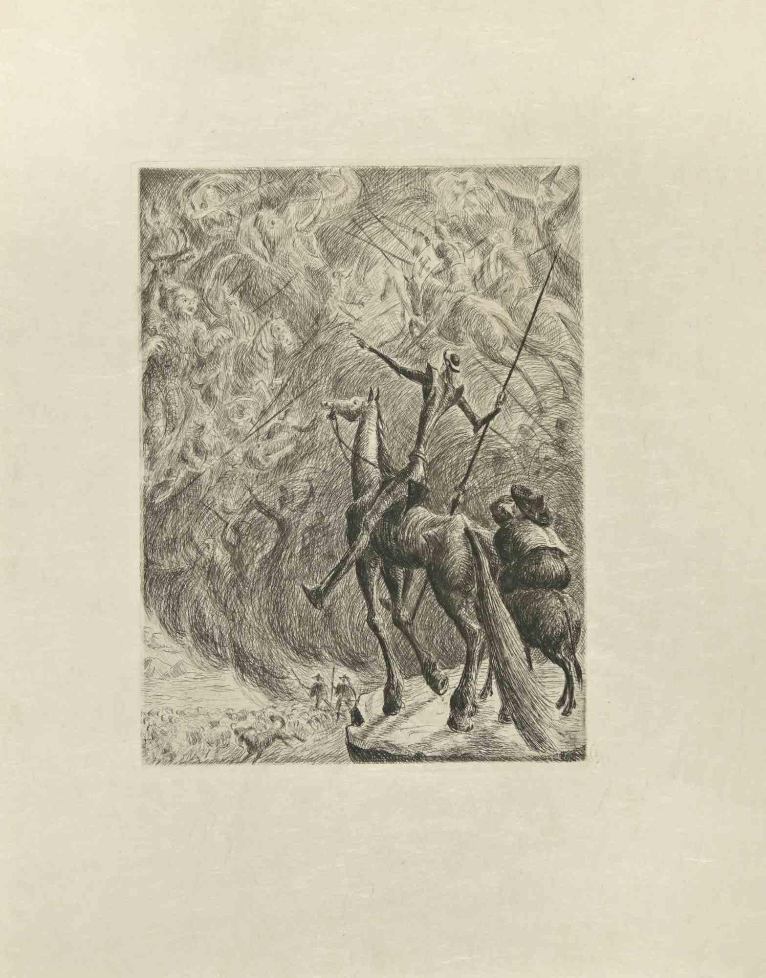 Don Quixote in Battle is an etching and drypoint print on ivory-colored Japanese paper, realized by Wladyslaw Jahl in 1951.

It belongs to a limited edition of 125 specimens.

Good conditions.

The artwork represents a visual scene from Don Quixote