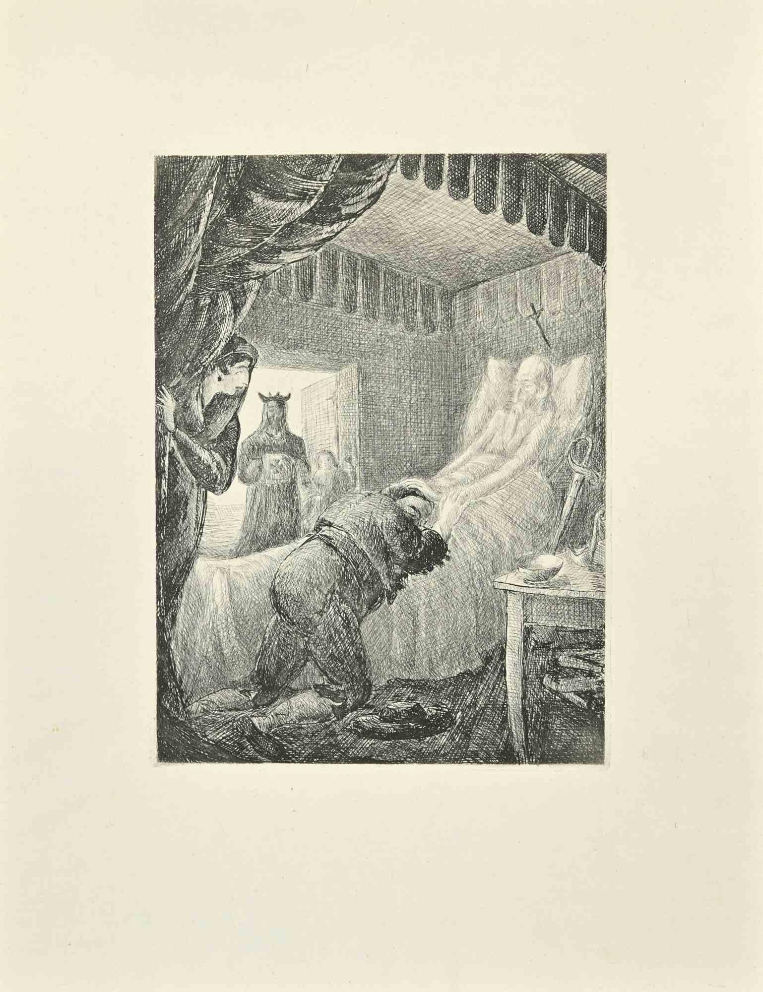 Don Quixote in The Bed is an etching and drypoint print on ivory-colored Chinese paper, realized by Wladyslaw Jahl in 1951.

It belongs to a limited edition of 125 specimens.

Good conditions with slight folding of paper.

The artwork represents a