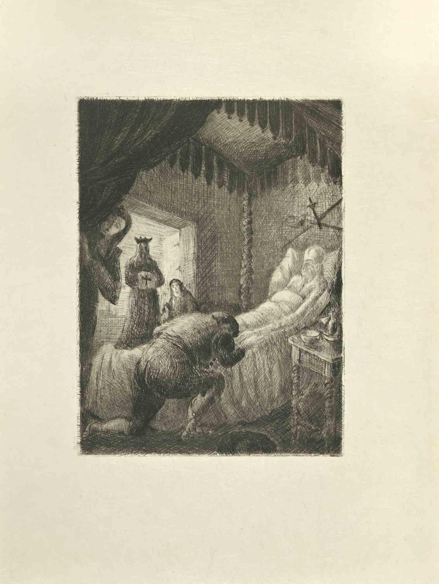 Don Quixote  in The Bed is an etching and drypoint print on ivory-colored Japanese paper, realized by Wladyslaw Jahl in 1951.

It belongs to a limited edition of 125 specimens.

Good conditions.

The artwork represents a visual scene from Don
