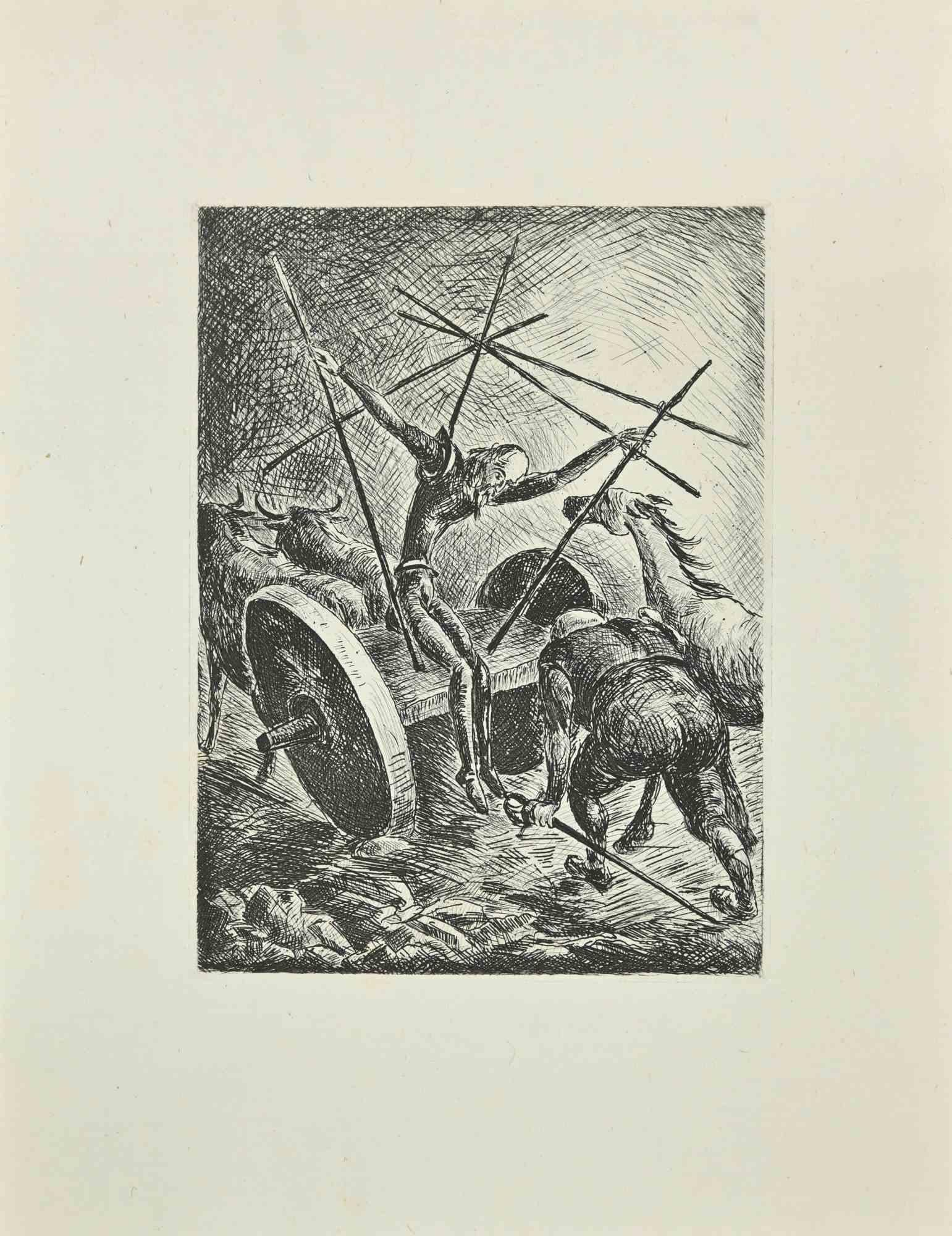 Don Quixote in the Chariot  is an etching and drypoint print on ivory-colored China paper, realized by Wladyslaw Jahl in 1951.

They belong to a limited edition of 125 specimens.

Good conditions.

The artwork represents a visual scene from Don