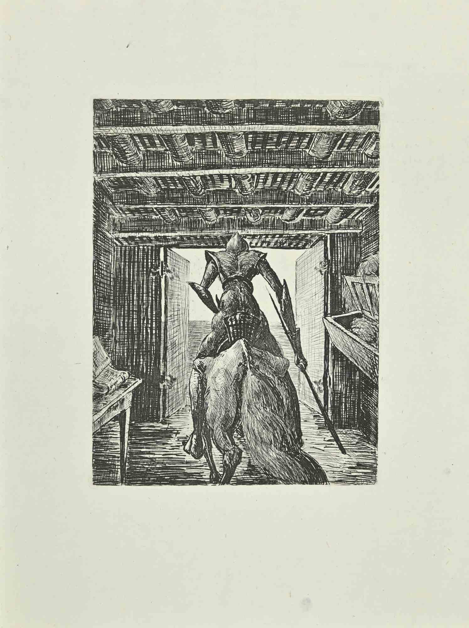 Don Quixote Leaves the Stable on his Horse is an etching and drypoint print on ivory-colored China paper, realized by Wladyslaw Jahl in 1951.

It belongs to a limited edition of 125 specimens.

Good conditions.

The artwork represents a visual scene