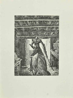 Vintage Don Quixote Leaves the Stable on his Horse - Etching by Wladyslaw Jahl - 1951
