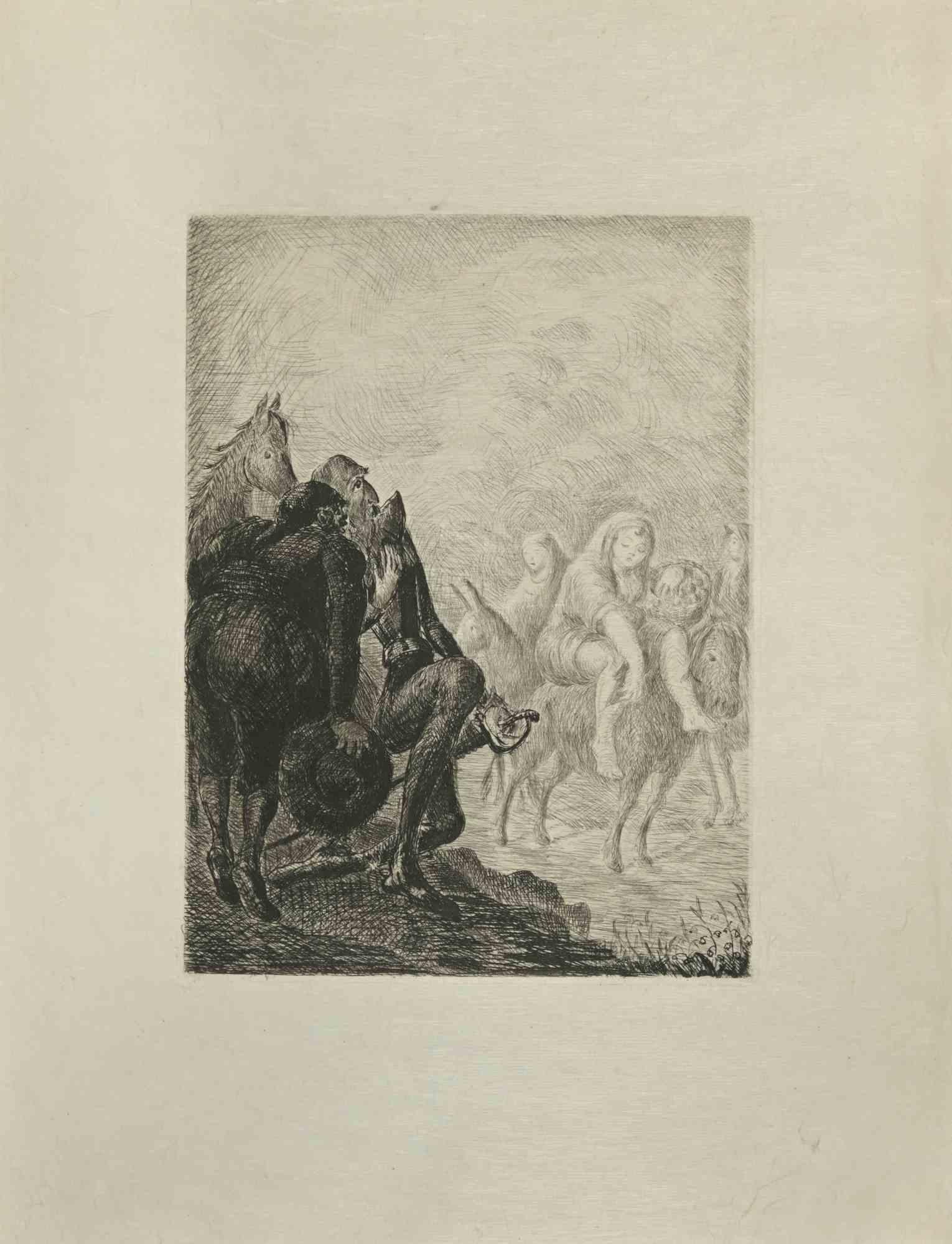 Don Quixote Observing is an etching and drypoint print on ivory-colored Japanese paper, realized by Wladyslaw Jahl in 1951.

It belongs to a limited edition of 125 specimens.

Good conditions.

The artwork represents a visual scene from Don Quixote