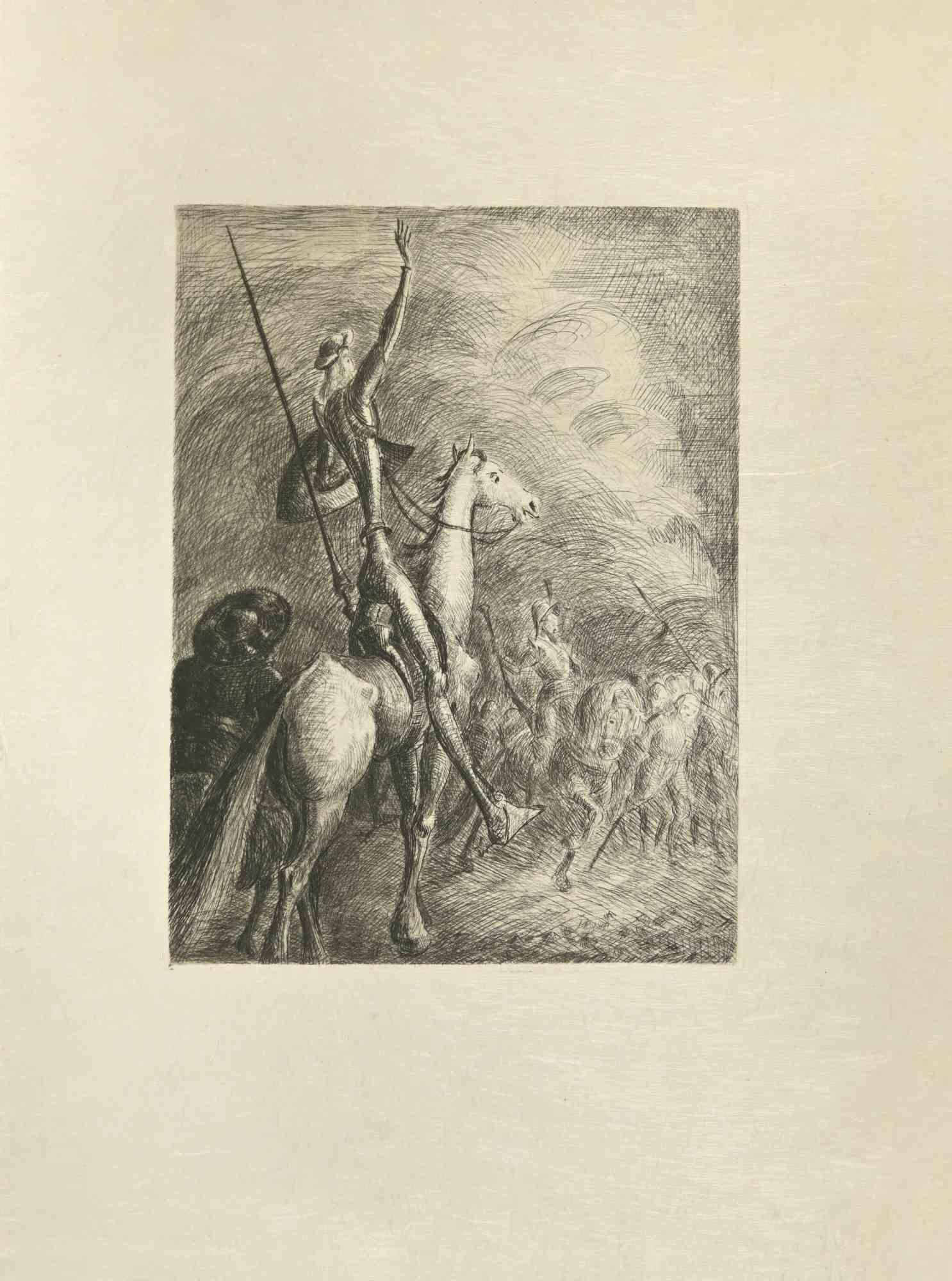 Don Quixote On Battle is an etching and drypoint print on ivory-colored Japanese paper, realized by Wladyslaw Jahl in 1951.

It belongs to a limited edition of 125 specimens.

Good conditions.

The artwork represents a visual scene from Don Quixote
