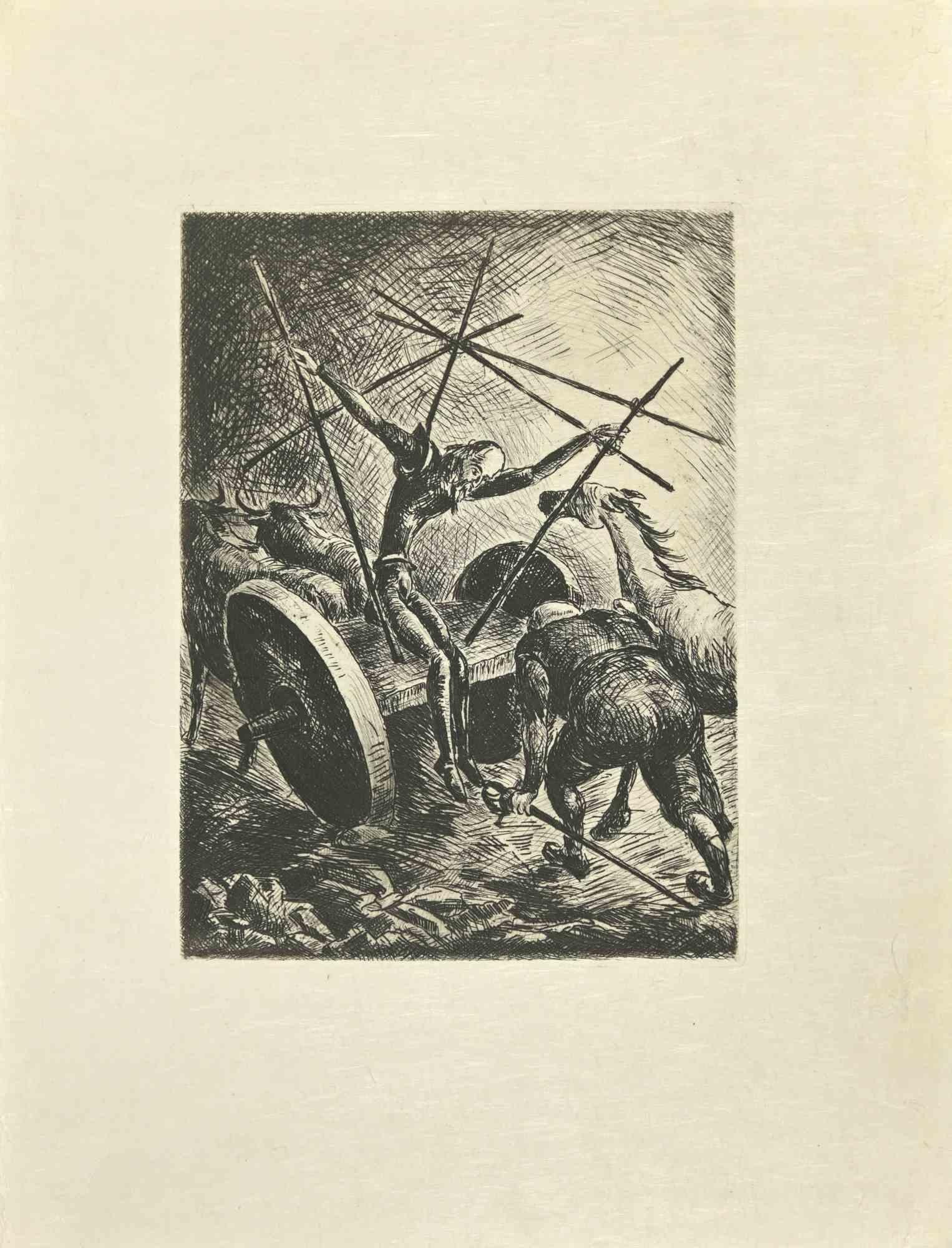 Don Quixote on Chariot is an etching and drypoint print on ivory-colored Japanese paper, realized by Wladyslaw Jahl in 1951.

It belongs to a limited edition of 125 specimens.

Good conditions.

The artwork represents a visual scene from Don Quixote