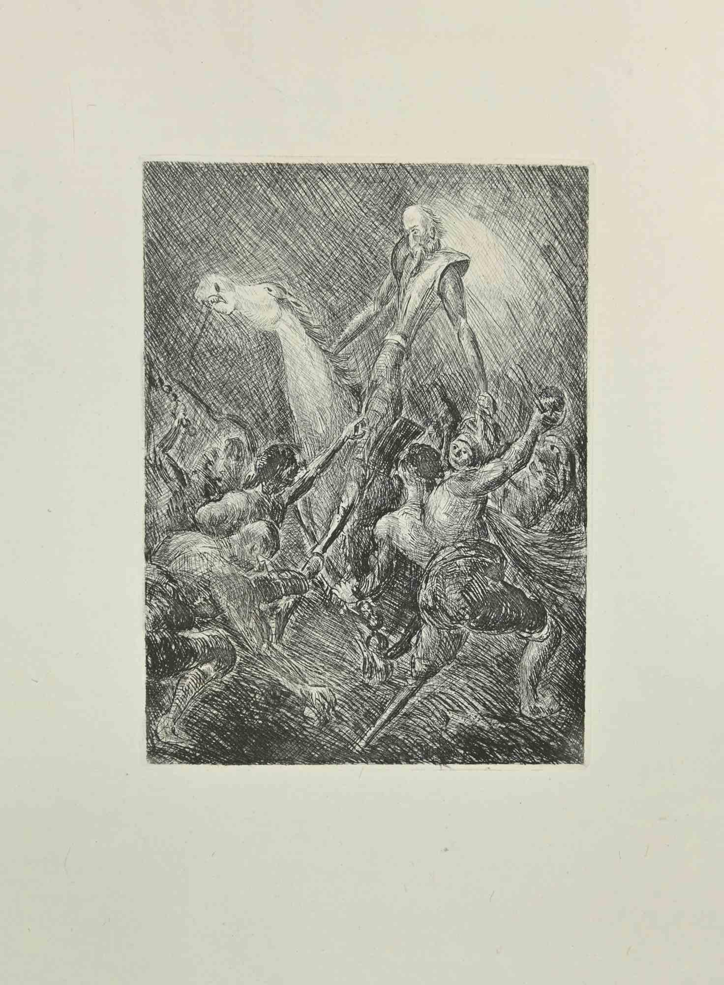 Don Quixote Surrounded is an etching and drypoint print on ivory-colored China paper, realized by Wladyslaw Jahl in 1951.

It belongs to a limited edition of 125 specimens.

Good conditions.

The artwork represents a visual scene from Don Quixote