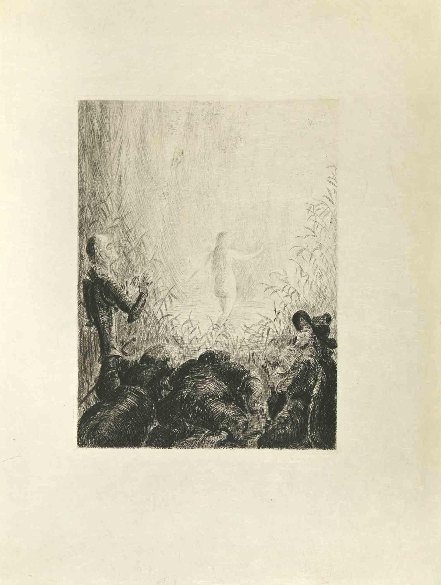 Don Quixote Watching Nude is an etching and drypoint print on ivory-colored Japanese paper, realized by Wladyslaw Jahl in 1951.

It belongs to a limited edition of 125 specimens.

Good conditions.

The artwork represents a visual scene from Don