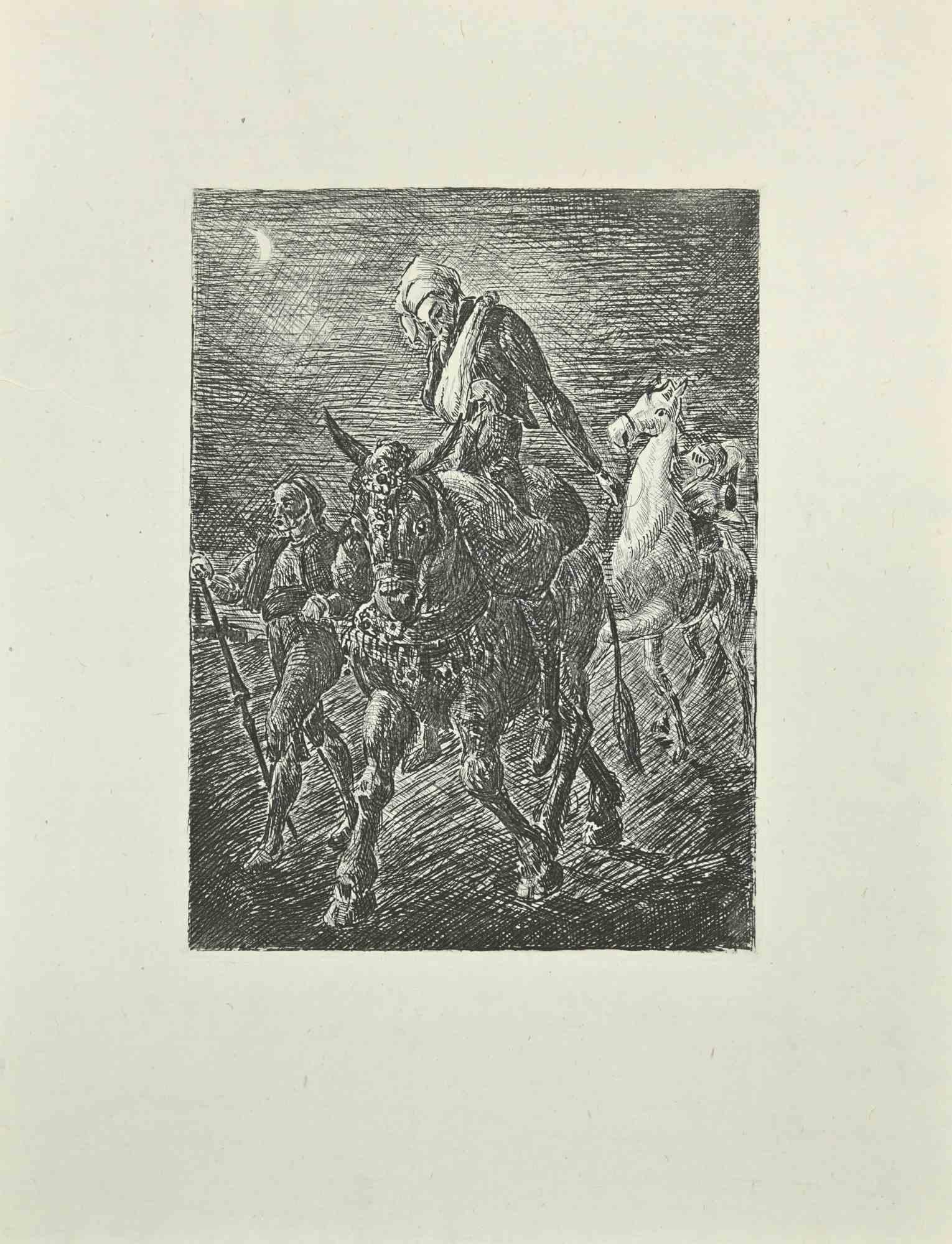 Don Quixote Wounded is an etching and drypoint print on ivory-colored China paper, realized by Wladyslaw Jahl in 1951.

It belongs to a limited edition of 125 specimens.

Good conditions.

The artwork represents a visual scene from Don Quixote Book