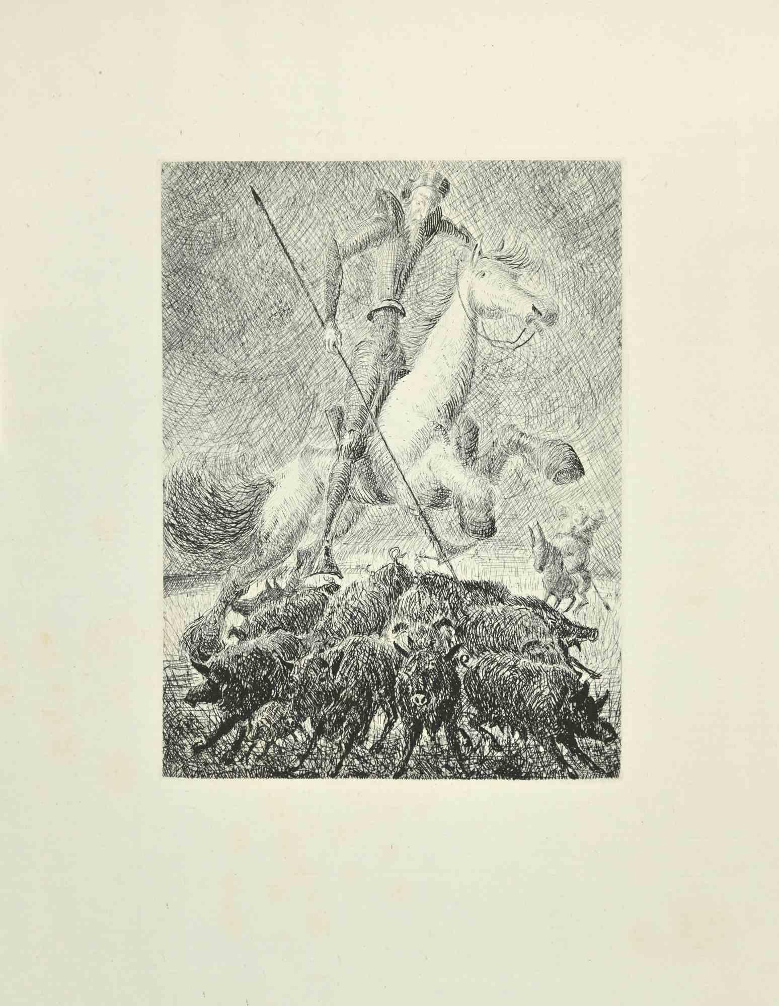 Don Quixote's Hunt is an etching and drypoint print on ivory-colored China paper, realized by Wladyslaw Jahl in 1951.

They belong to a limited edition of 125 specimens.

Good conditions.

The artwork represents a visual scene from Don Quixote Book