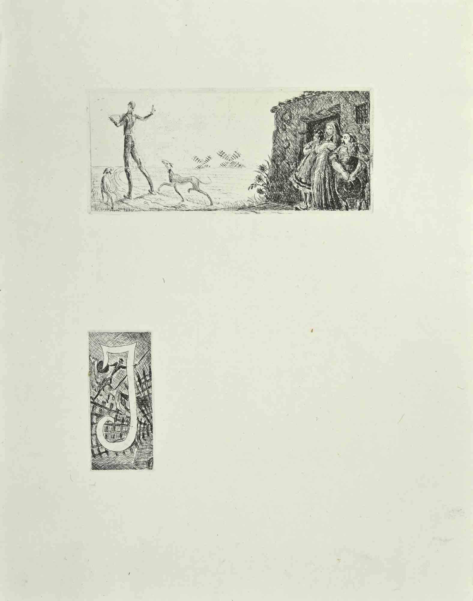 Speech of Don Quixote is an etching and drypoint print on ivory-colored China paper, realized by Wladyslaw Jahl in 1951.

It belongs to a limited edition of 125 specimens.

Good conditions.

The artwork represents a visual scene from Don Quixote