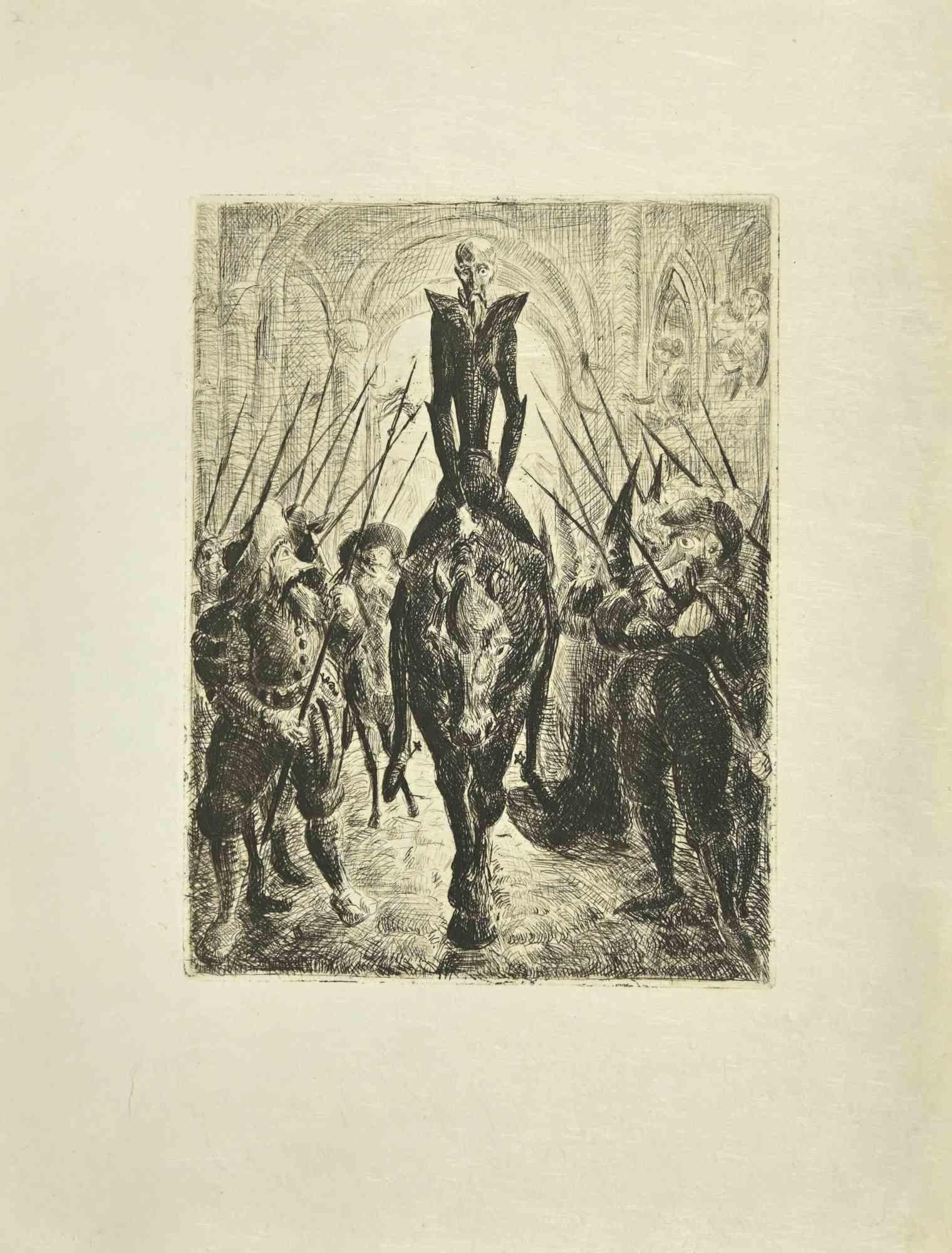 The Arrival of Don Quixote is an etching and drypoint print on ivory-colored Japanese paper, realized by Wladyslaw Jahl in 1951.

It belongs to a limited edition of 125 specimens.

Good conditions.

The artwork represents a visual scene from Don