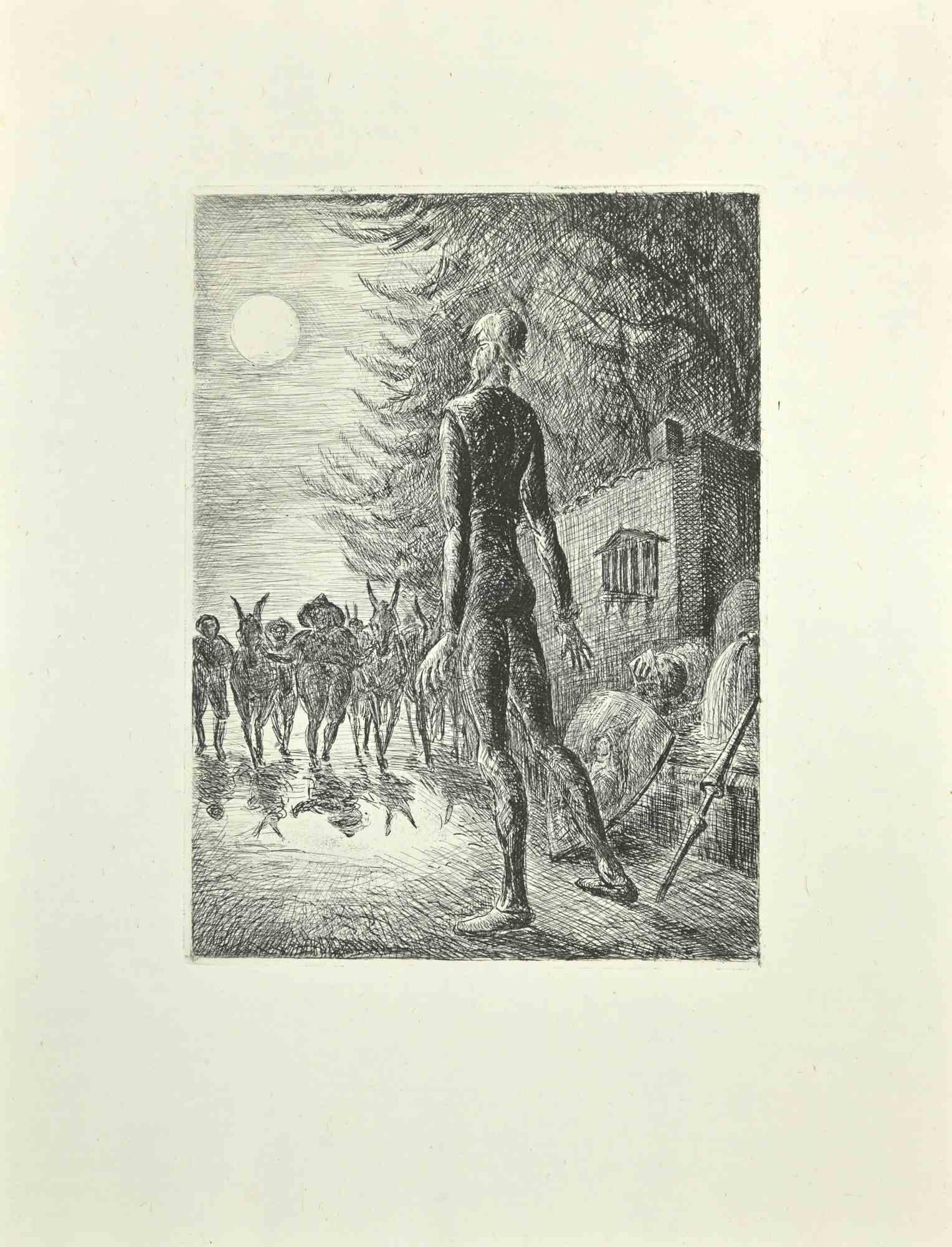 The Departure Don Quixote is an etching and drypoint print on ivory-colored China paper, realized by Wladyslaw Jahl in 1951.

It belongs to a limited edition of 125 specimens.

Good conditions.

The artwork represents a visual scene from Don Quixote
