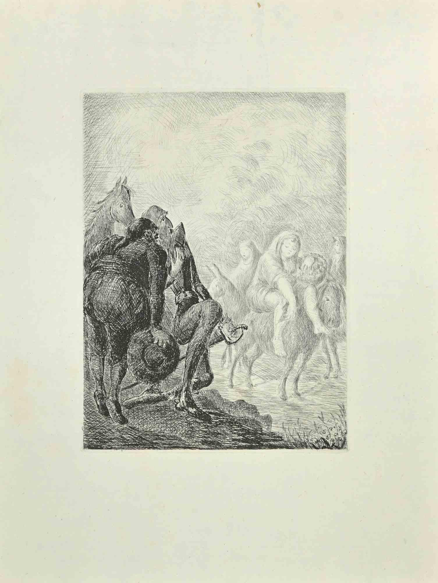 The Meeting is an etching and drypoint print on ivory-colored China paper, realized by Wladyslaw Jahl in 1951 for the Suite Don Quixote.

They belong to a limited edition of 125 specimens.

Good conditions.

The artwork represents a visual scene