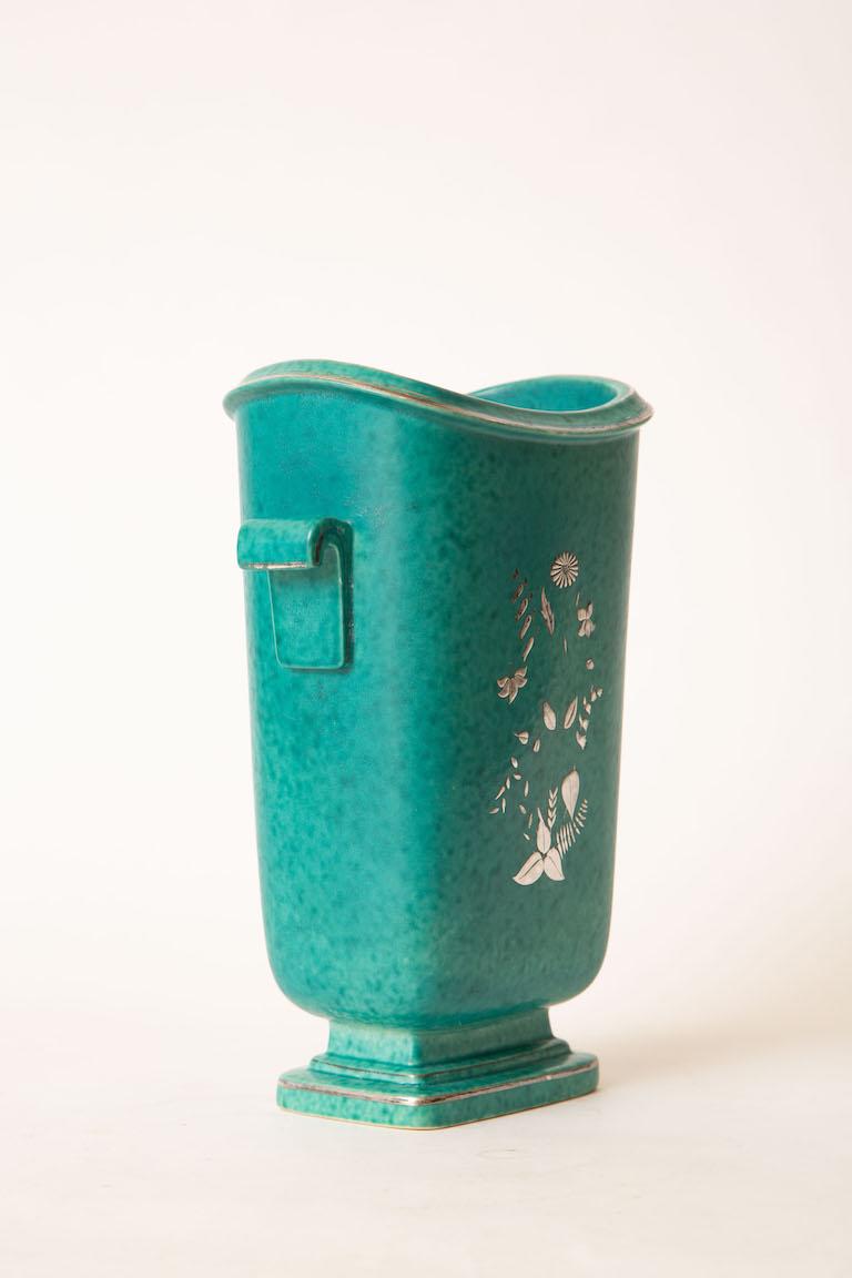 Swedish Wlihelm Kage Gustavsberg Argenta Ceramic with Sterling Overlay Vase or Vessel